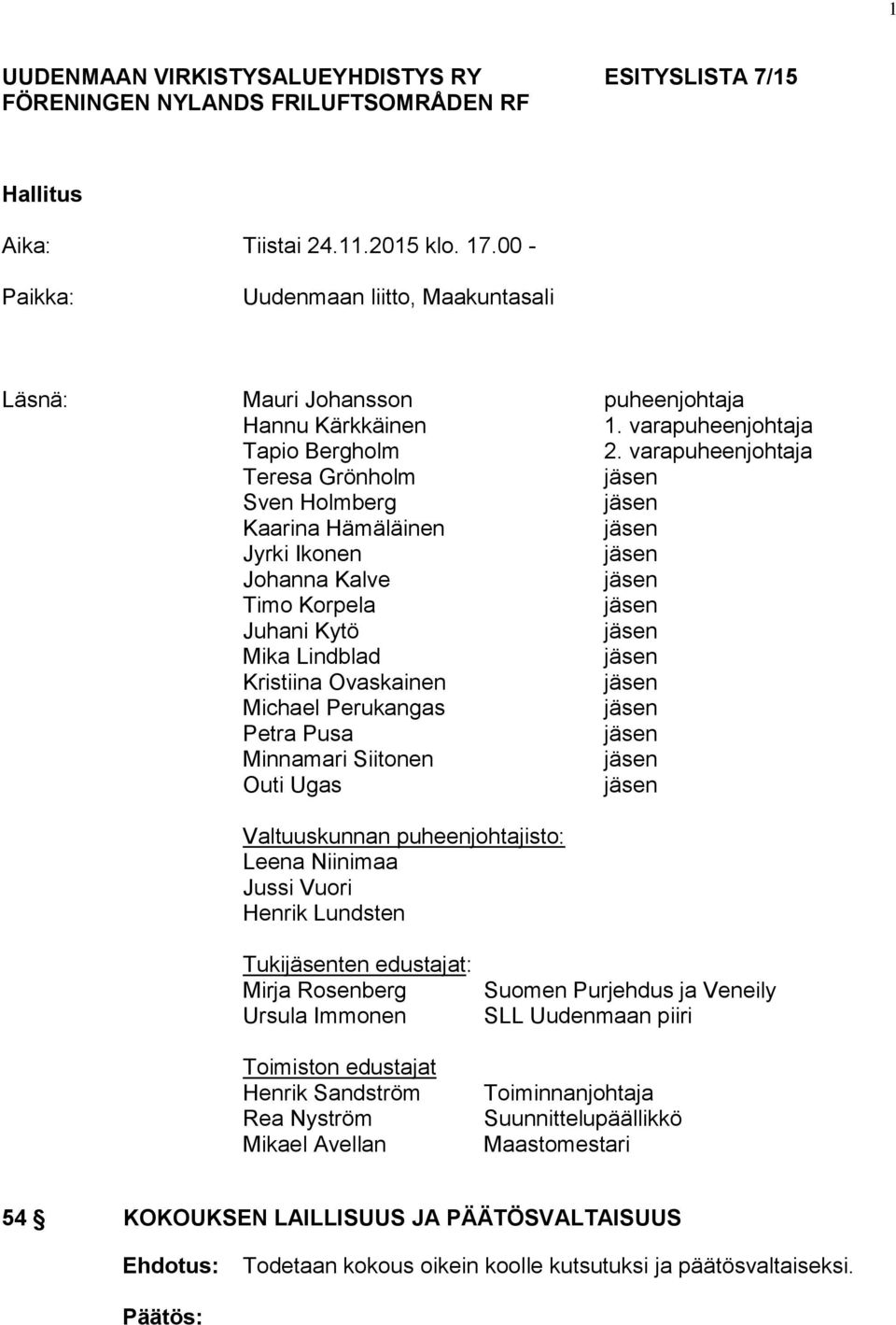 varapuheenjohtaja Teresa Grönholm Sven Holmberg Kaarina Hämäläinen Jyrki Ikonen Johanna Kalve Timo Korpela Juhani Kytö Mika Lindblad Kristiina Ovaskainen Michael Perukangas Petra Pusa Minnamari