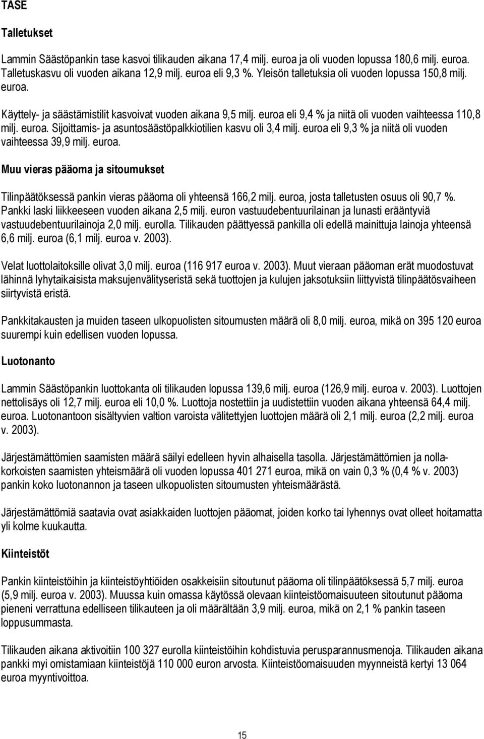 euroa eli 9,3 % ja niitä oli vuoden vaihteessa 39,9 milj. euroa. Muu vieras pääoma ja sitoumukset Tilinpäätöksessä pankin vieras pääoma oli yhteensä 166,2 milj.