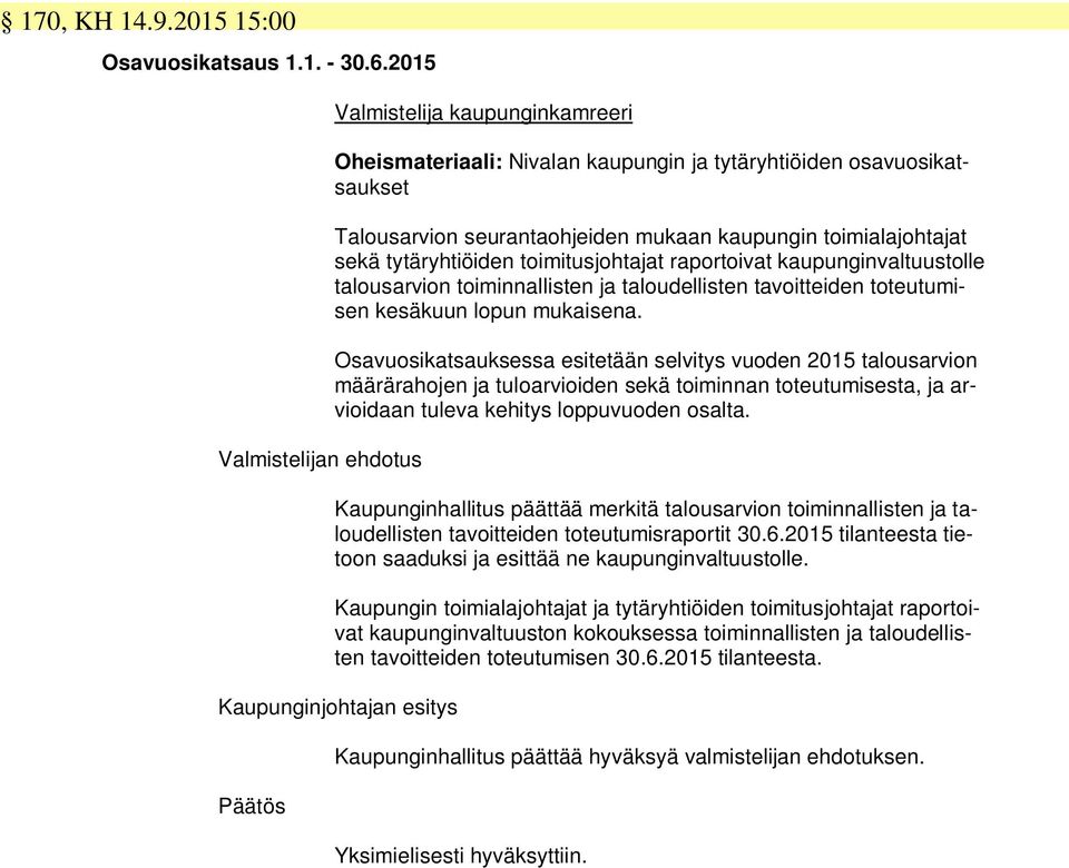 tytäryhtiöiden toimitusjohtajat raportoivat kaupunginvaltuustolle talousarvion toiminnallisten ja taloudellisten tavoitteiden toteutumisen kesäkuun lopun mukaisena.