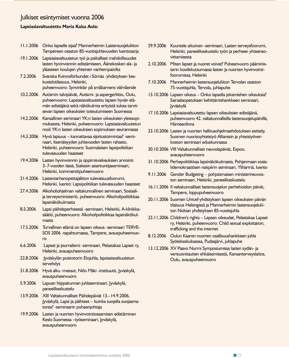 2.2006 Svenska Kvinnoförbundet i Sörnäs -yhdistyksen keskustelutilaisuus, Helsinki, puheenvuoro: Synvinklar på småbarnens välmående 10.2.2006 Autismin talvipäivät, Autismi- ja aspergerliitto, Oulu,