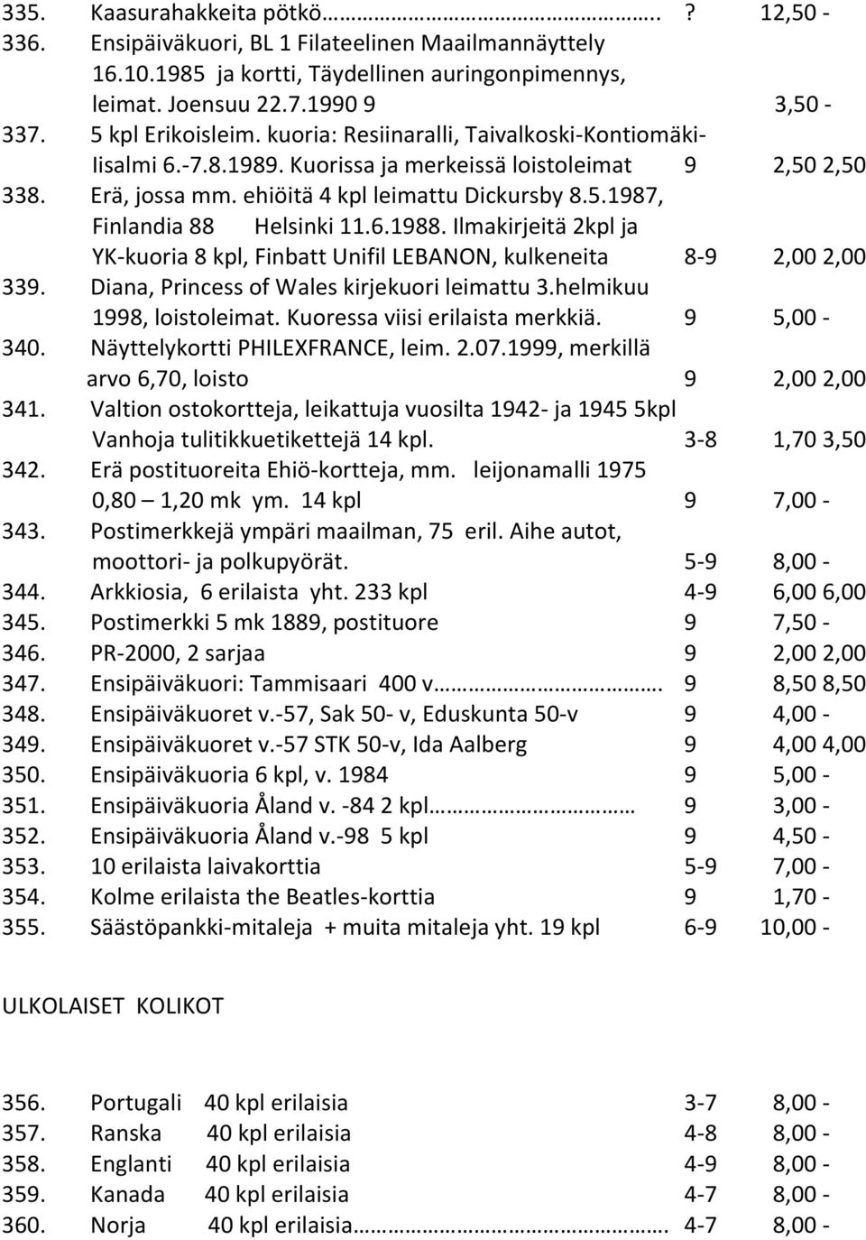 6.1988. Ilmakirjeitä 2kpl ja YK-kuoria 8 kpl, Finbatt Unifil LEBANON, kulkeneita 8-9 2,00 2,00 339. Diana, Princess of Wales kirjekuori leimattu 3.helmikuu 1998, loistoleimat.