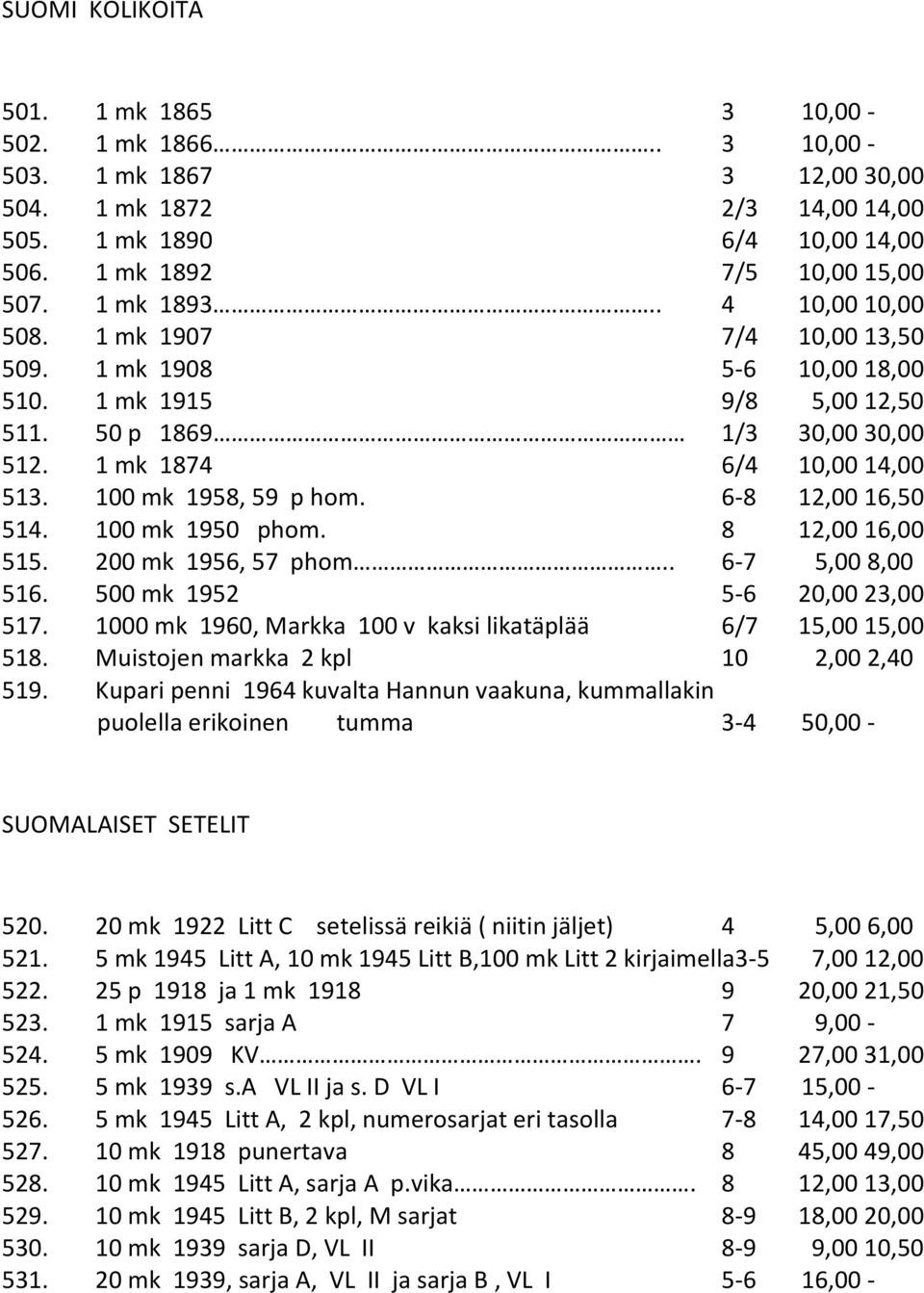 100 mk 1958, 59 p hom. 6-8 12,00 16,50 514. 100 mk 1950 phom. 8 12,00 16,00 515. 200 mk 1956, 57 phom.. 6-7 5,00 8,00 516. 500 mk 1952 5-6 20,00 23,00 517.