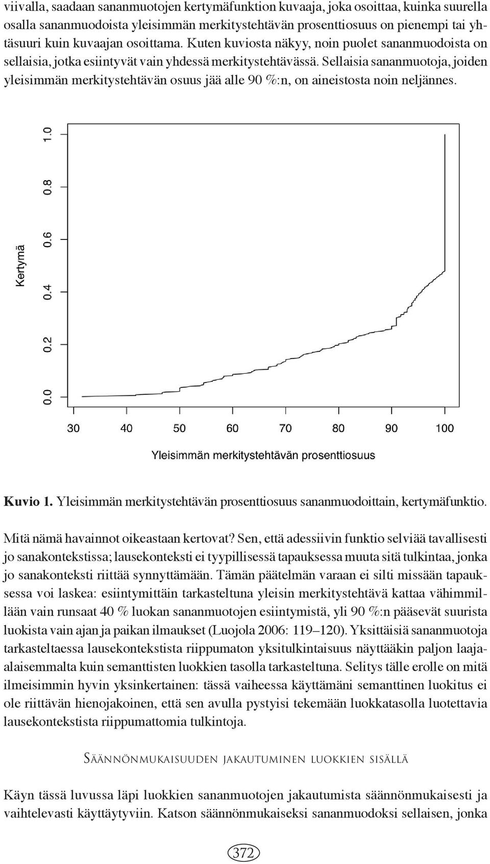 Sellaisia sananmuotoja, joiden yleisimmän merkitystehtävän osuus jää alle 90 %:n, on aineistosta noin neljännes. Kuvio 1. Yleisimmän merkitystehtävän prosenttiosuus sananmuodoittain, kertymäfunktio.