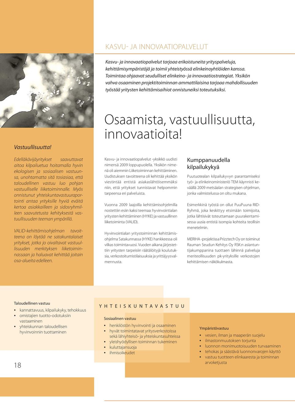 Yksikön vahva osaaminen projektitoiminnan ammattilaisina tarjoaa mahdollisuuden työstää yritysten kehittämisaihiot onnistuneiksi toteutuksiksi. Vastuullisuutta!