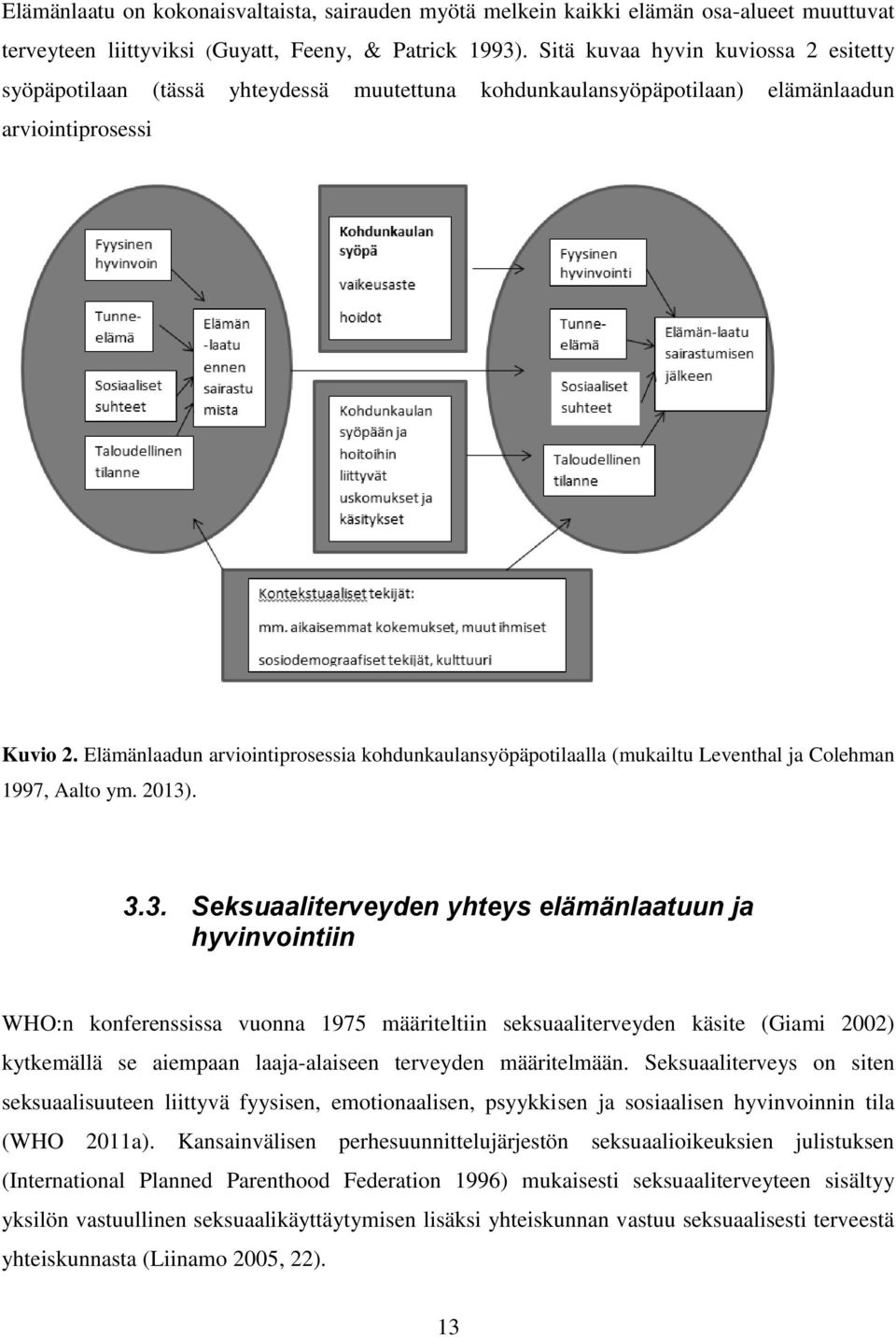 Elämänlaadun arviointiprosessia kohdunkaulansyöpäpotilaalla (mukailtu Leventhal ja Colehman 1997, Aalto ym. 2013)