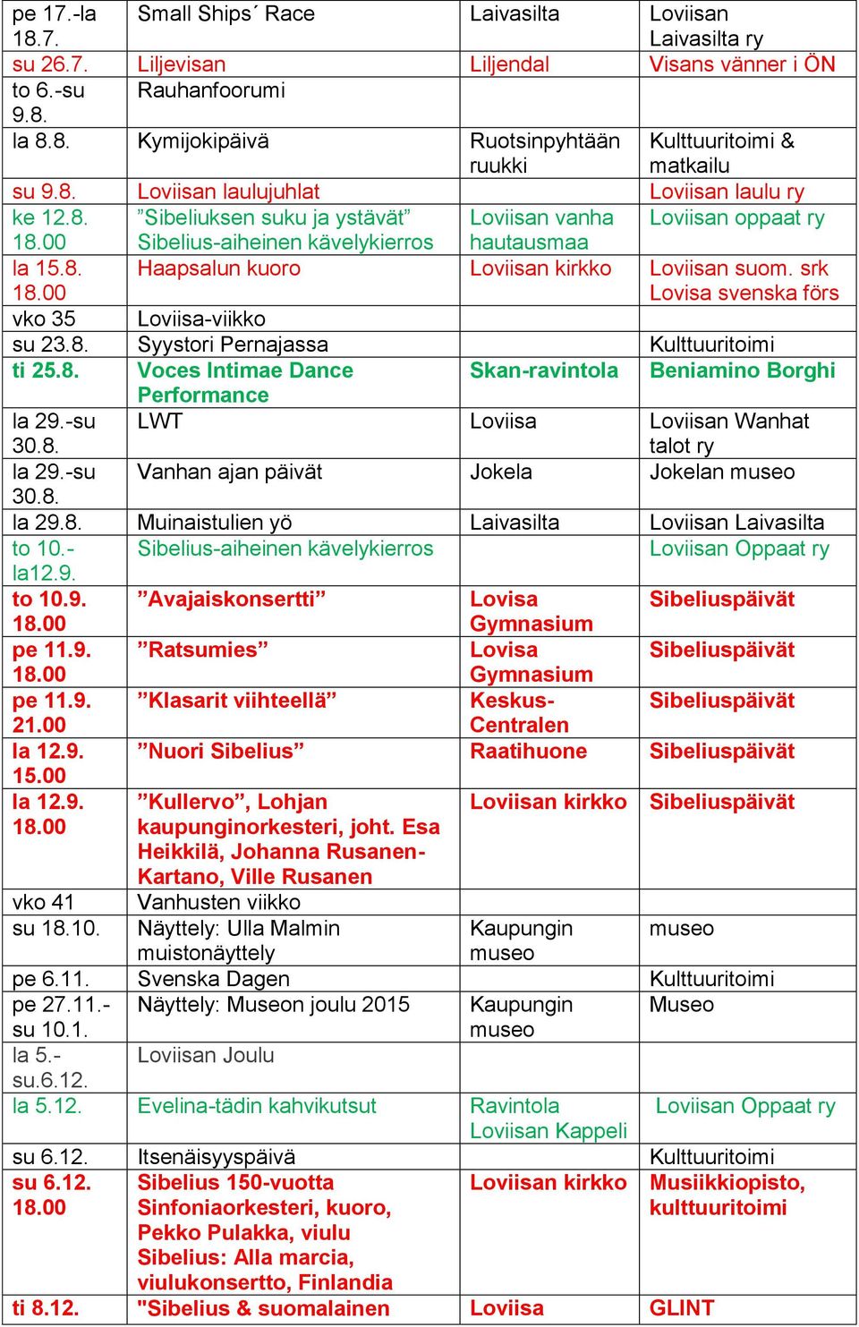 8. Voces Intimae Dance Skan-ravintola Beniamino Borghi Performance la 29.-su 30.8. LWT Loviisa Loviisan Wanhat talot ry la 29.-su Vanhan ajan päivät Jokela Jokelan 30.8. la 29.8. Muinaistulien yö Laivasilta Loviisan Laivasilta to 10.