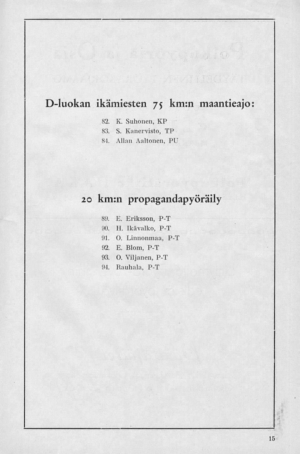 Allan Aaltonen, PU 20 km:n propagandapyöräily 89. E.