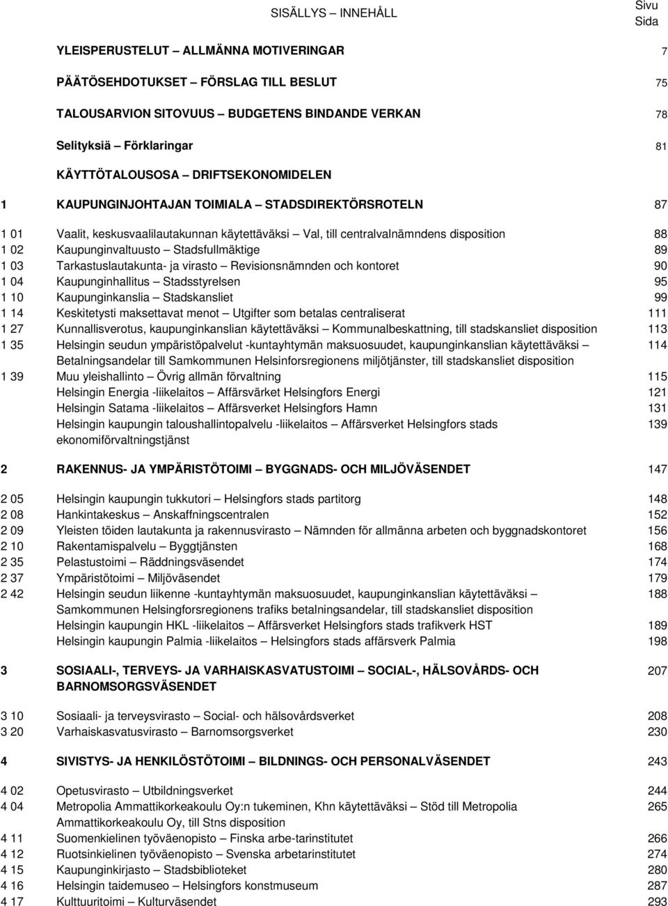 Kaupunginvaltuusto Stadsfullmäktige 89 1 03 Tarkastuslautakunta- ja virasto Revisionsnämnden och kontoret 90 1 04 Kaupunginhallitus Stadsstyrelsen 95 1 10 Kaupunginkanslia Stadskansliet 99 1 14