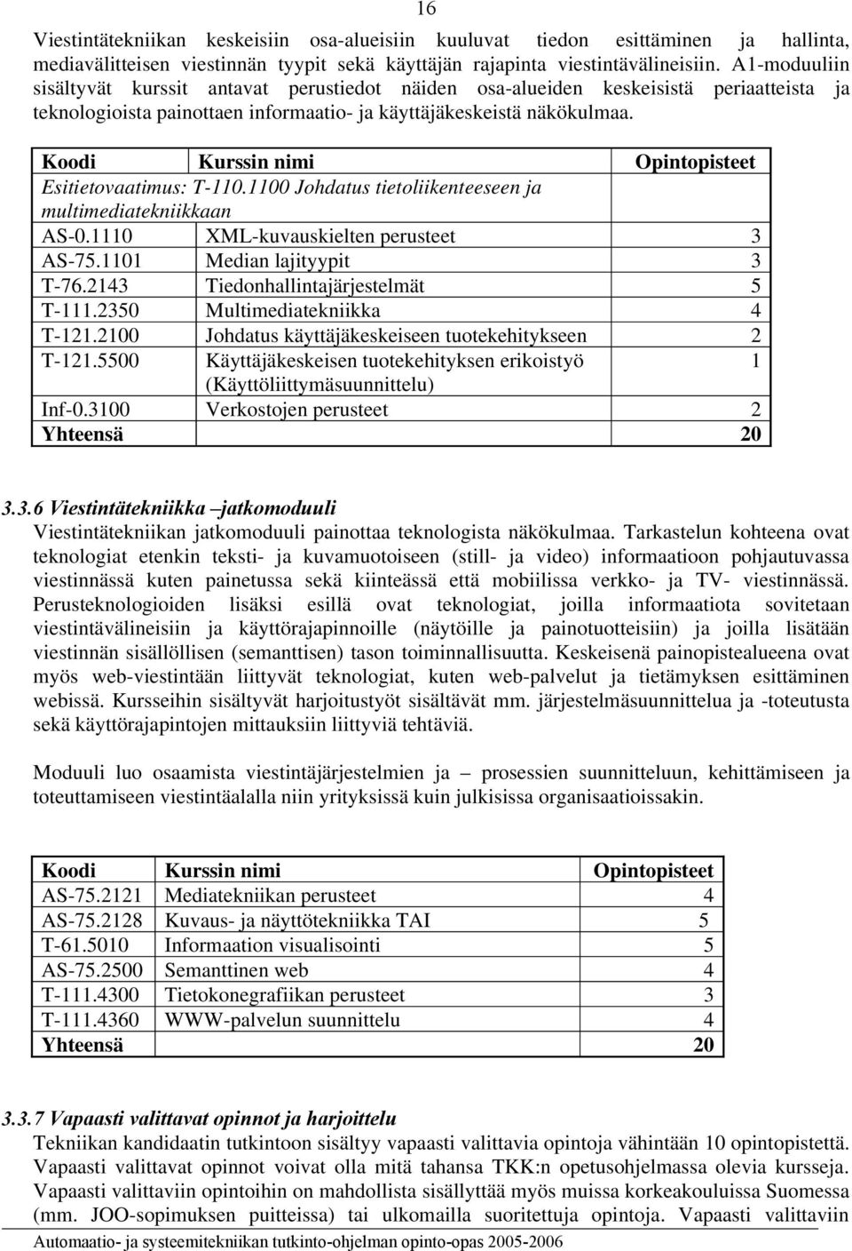 Koodi Kurssin nimi Opintopisteet Esitietovaatimus: T-110.1100 Johdatus tietoliikenteeseen ja multimediatekniikkaan AS-0.1110 XML-kuvauskielten perusteet 3 AS-75.1101 Median lajityypit 3 T-76.