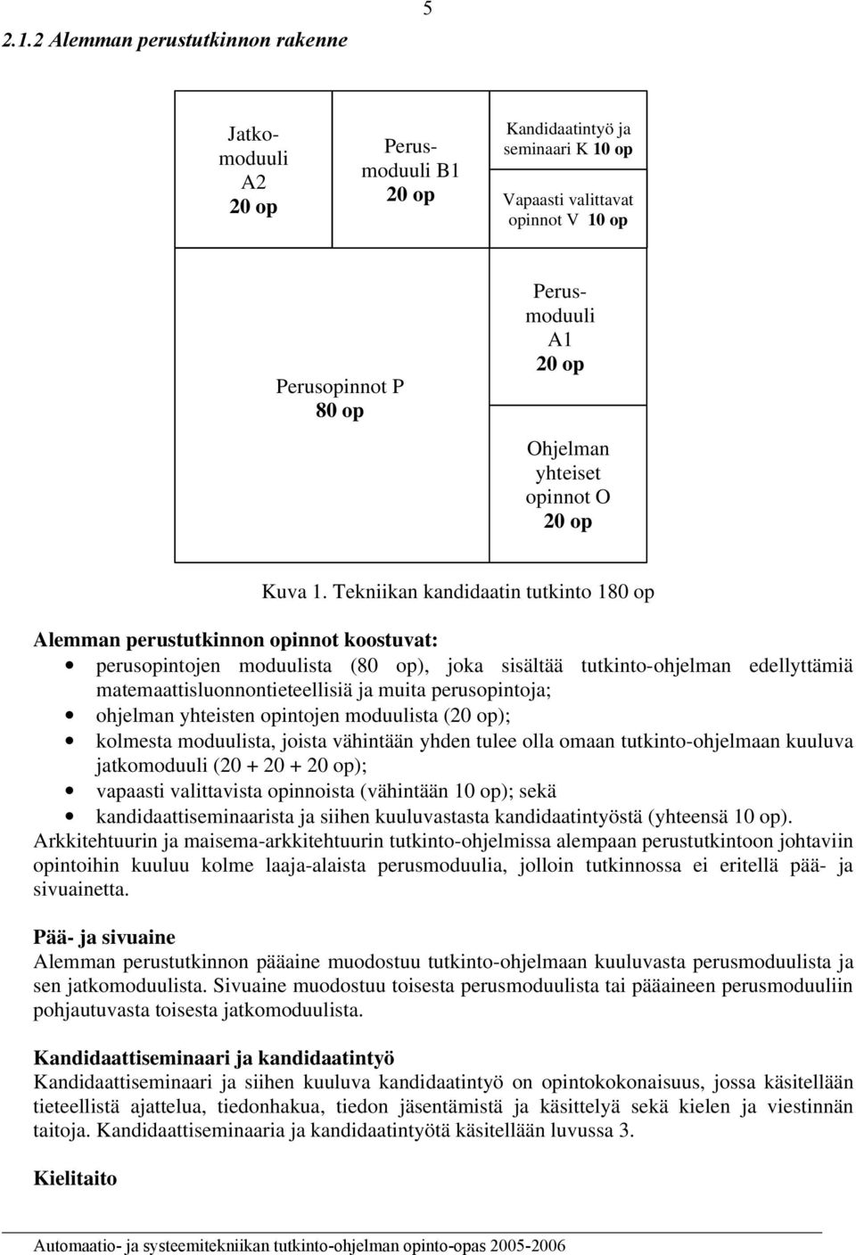 Tekniikan kandidaatin tutkinto 180 op Alemman perustutkinnon opinnot koostuvat: perusopintojen moduulista (80 op), joka sisältää tutkinto-ohjelman edellyttämiä matemaattisluonnontieteellisiä ja muita