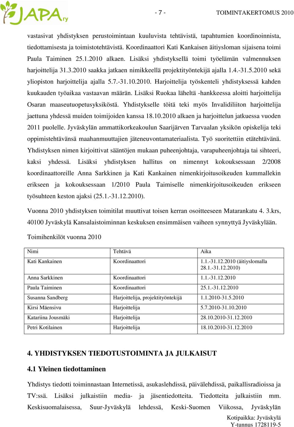 .3.2010 saakka jatkaen nimikkeellä projektityöntekijä ajalla 1.4.-31.5.2010 sekä yliopiston harjoittelija ajalla 5.7.-31.10.2010. Harjoittelija työskenteli yhdistyksessä kahden kuukauden työaikaa vastaavan määrän.