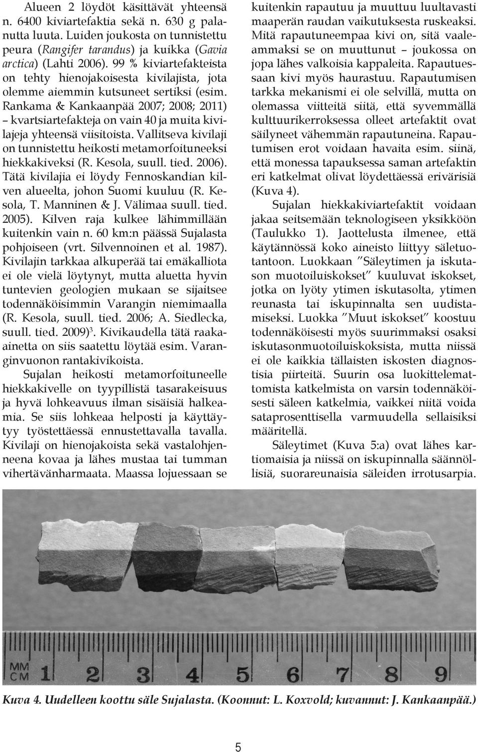 Rankama & Kankaanpää 2007; 2008; 2011) kvartsiartefakteja on vain 40 ja muita kivilajeja yhteensä viisitoista. Vallitseva kivilaji on tunnistettu heikosti metamorfoituneeksi hiekkakiveksi (R.