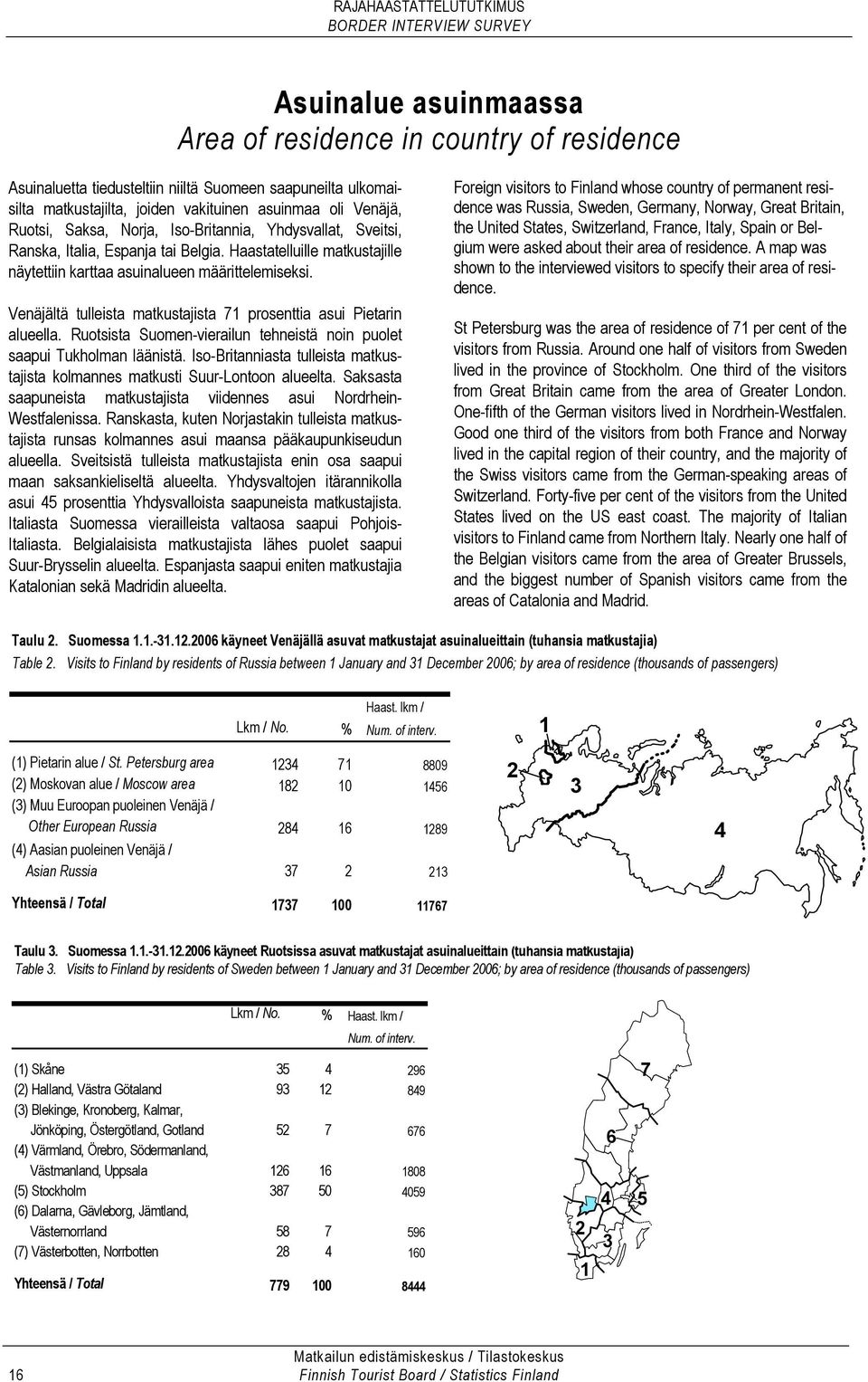 Venäjältä tulleista matkustajista 71 prosenttia asui Pietarin alueella. Ruotsista Suomen-vierailun tehneistä noin puolet saapui Tukholman läänistä.