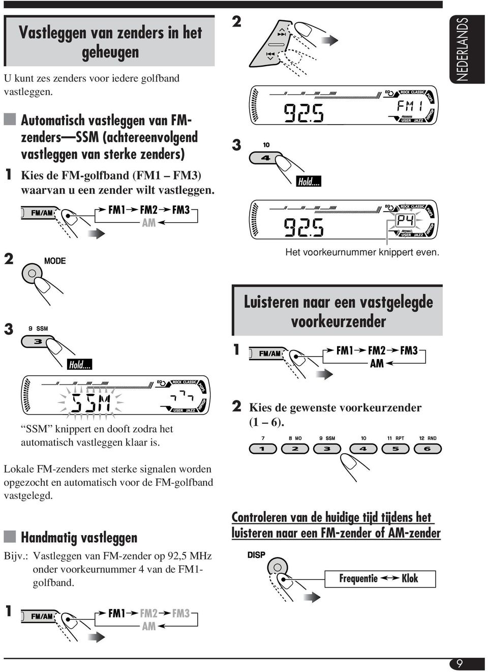 3 2 Het voorkeurnummer knippert even. 3 1 Luisteren naar een vastgelegde voorkeurzender SSM knippert en dooft zodra het automatisch vastleggen klaar is.