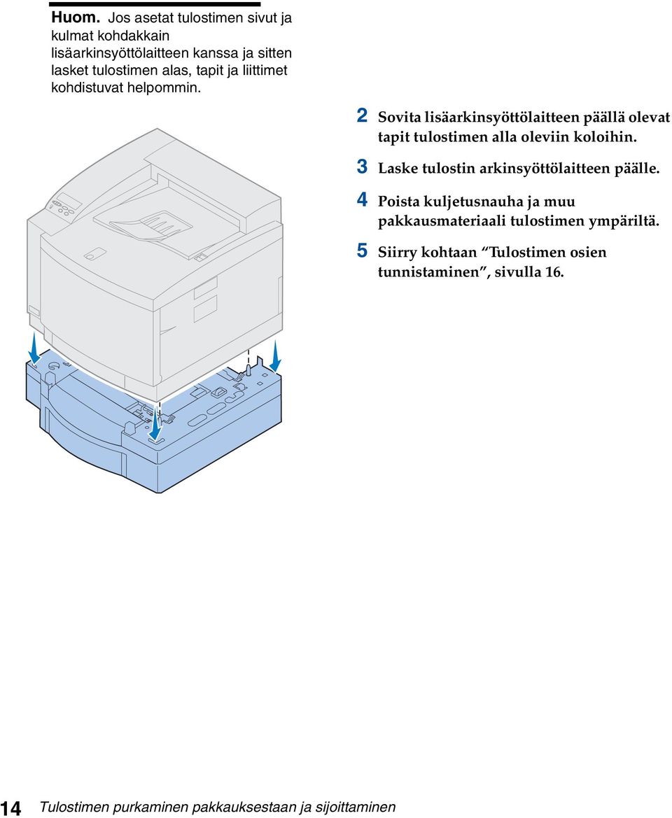 2 Sovita lisäarkinsyöttölaitteen päällä olevat tapit tulostimen alla oleviin koloihin.