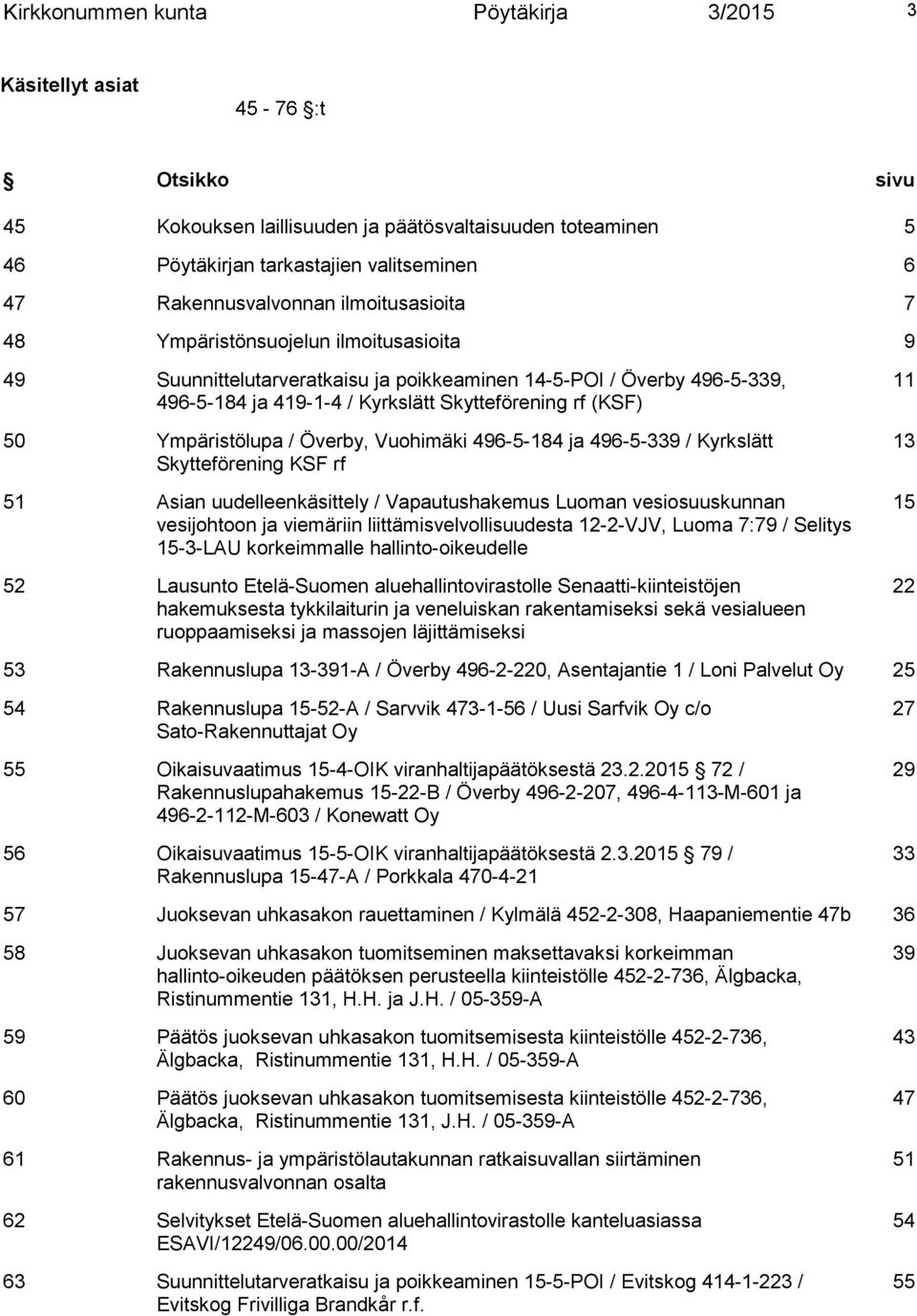 (KSF) 50 Ympäristölupa / Överby, Vuohimäki 496-5-184 ja 496-5-339 / Kyrkslätt Skytteförening KSF rf 51 Asian uudelleenkäsittely / Vapautushakemus Luoman vesiosuuskunnan vesijohtoon ja viemäriin