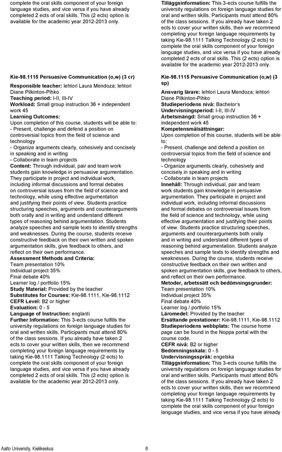 1115 Persuasive Communication (o,w) (3 cr) Responsible teacher: lehtori Laura Mendoza; lehtori Diane Pilkinton-Pihko Teaching period: I-II, III-IV Workload: Small group instruction 36 + independent