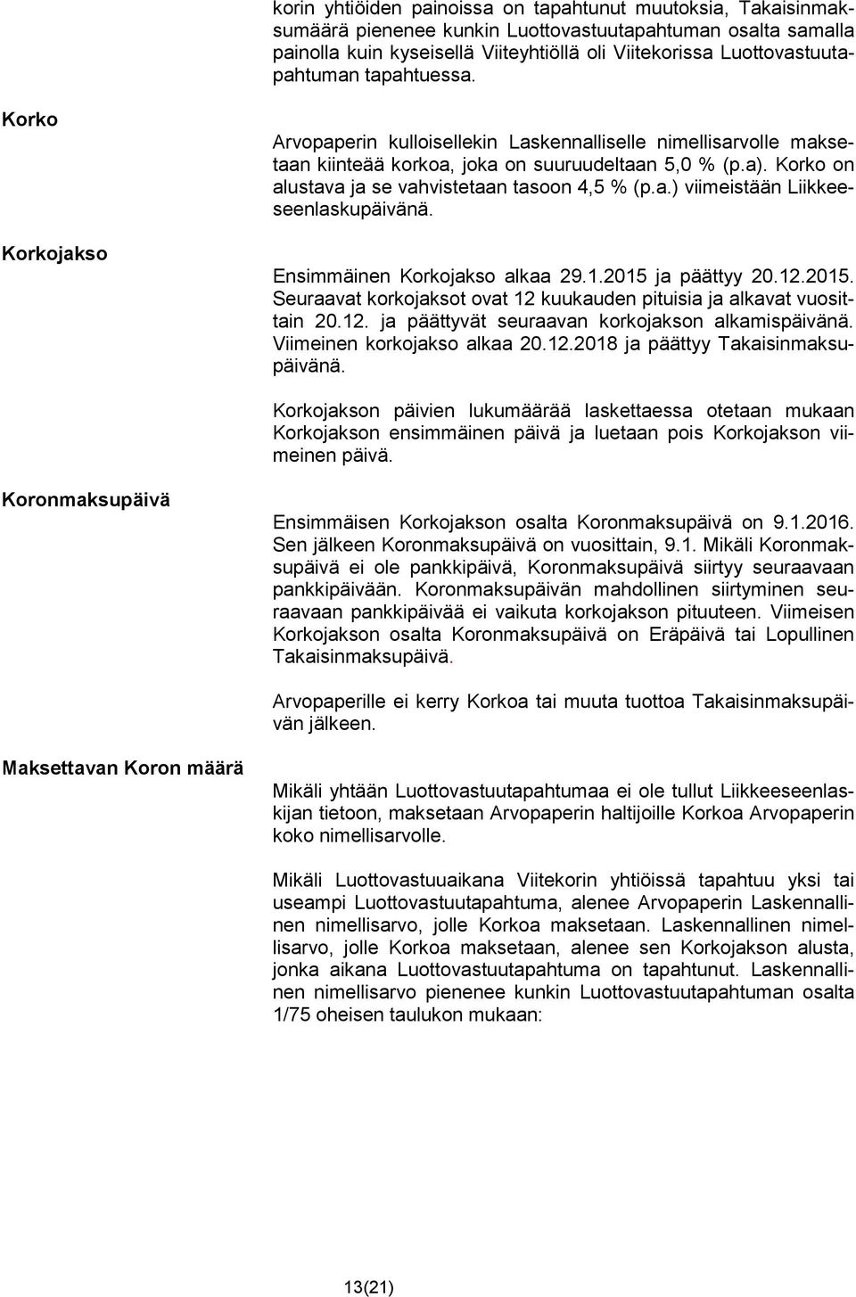 Korko on alustava ja se vahvistetaan tasoon 4,5 % (p.a.) viimeistään Liikkeeseenlaskupäivänä. Ensimmäinen Korkojakso alkaa 29.1.2015 
