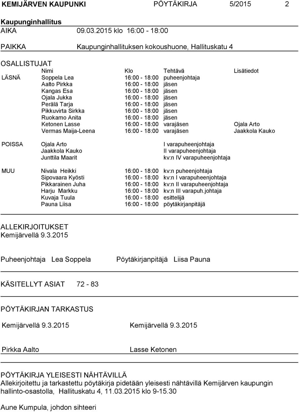 Esa 16:00-18:00 jäsen Ojala Jukka 16:00-18:00 jäsen Perälä Tarja 16:00-18:00 jäsen Pikkuvirta Sirkka 16:00-18:00 jäsen Ruokamo Anita 16:00-18:00 jäsen Ketonen Lasse 16:00-18:00 varajäsen Ojala Arto