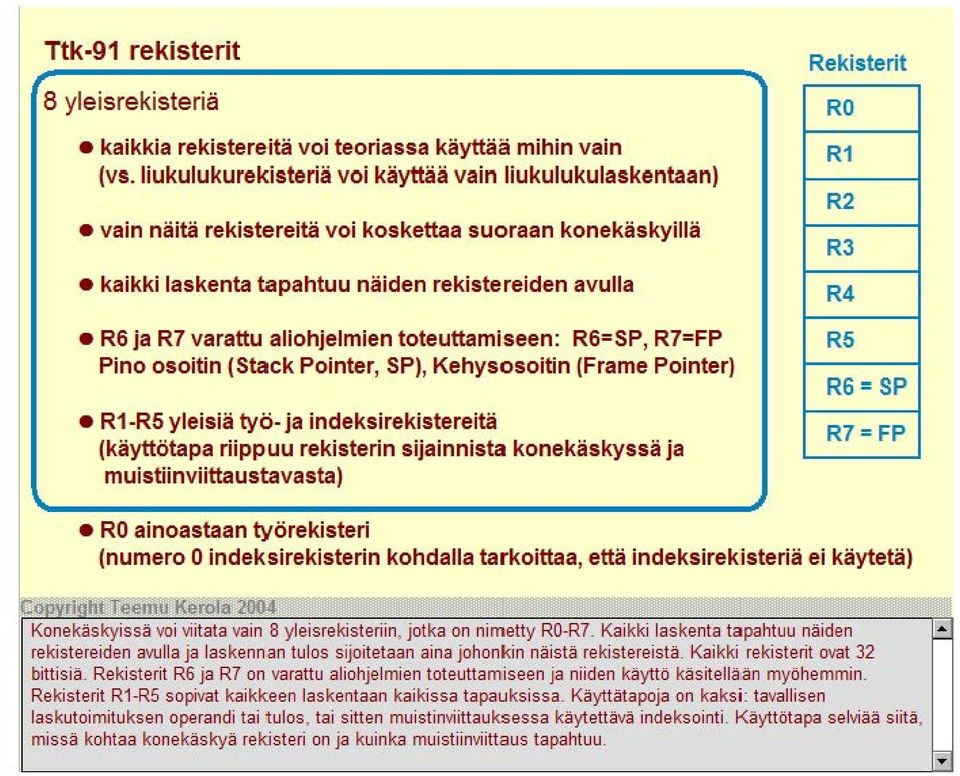 aliohjelmien toteuttamiseen: R6=SP, R7=FP Pino osoitin ( Stack Pointer, SP), Kehysosoitin (Frame Pointer) R1-R5 yleisiä työ- ja indeksirekistereitä (käyttötapa riippuu rekisterin sijainnista