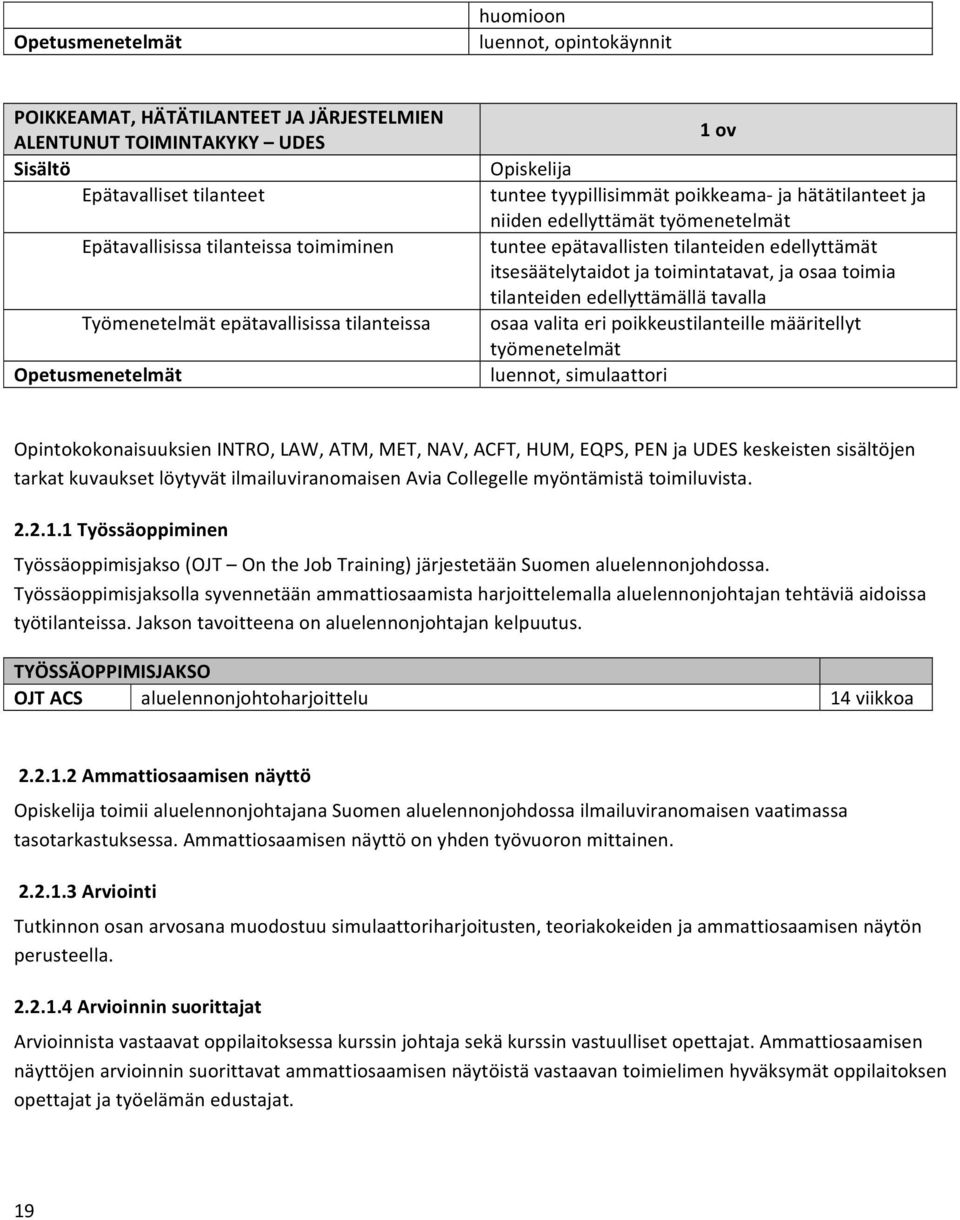 tilanteiden edellyttämällä tavalla osaa valita eri poikkeustilanteille määritellyt työmenetelmät luennot, simulaattori Opintokokonaisuuksien INTRO, LAW, ATM, MET, NAV, ACFT, HUM, EQPS, PEN ja UDES