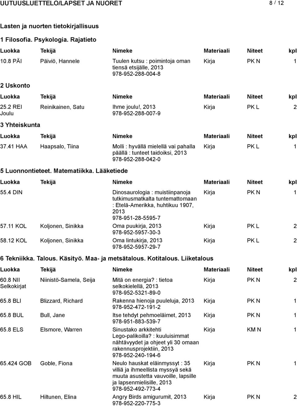 Matematiikka. Lääketiede 55.4 DIN Dinosaurologia : muistiinpanoja Kirja PK N tutkimusmatkalta tuntemattomaan : Etelä-Amerikka, huhtikuu 907, 0 978-95-8-5595-7 57.