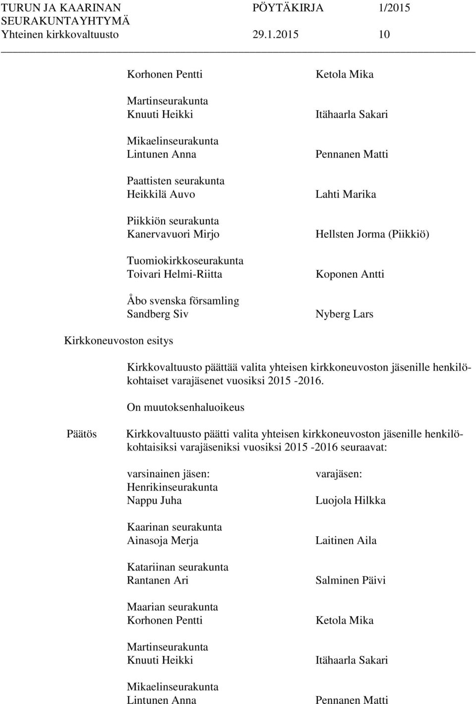 Helmi-Riitta Åbo svenska församling Sandberg Siv Ketola Mika Itähaarla Sakari Pennanen Matti Lahti Marika Hellsten Jorma (Piikkiö) Koponen Antti Nyberg Lars Kirkkovaltuusto päättää valita yhteisen