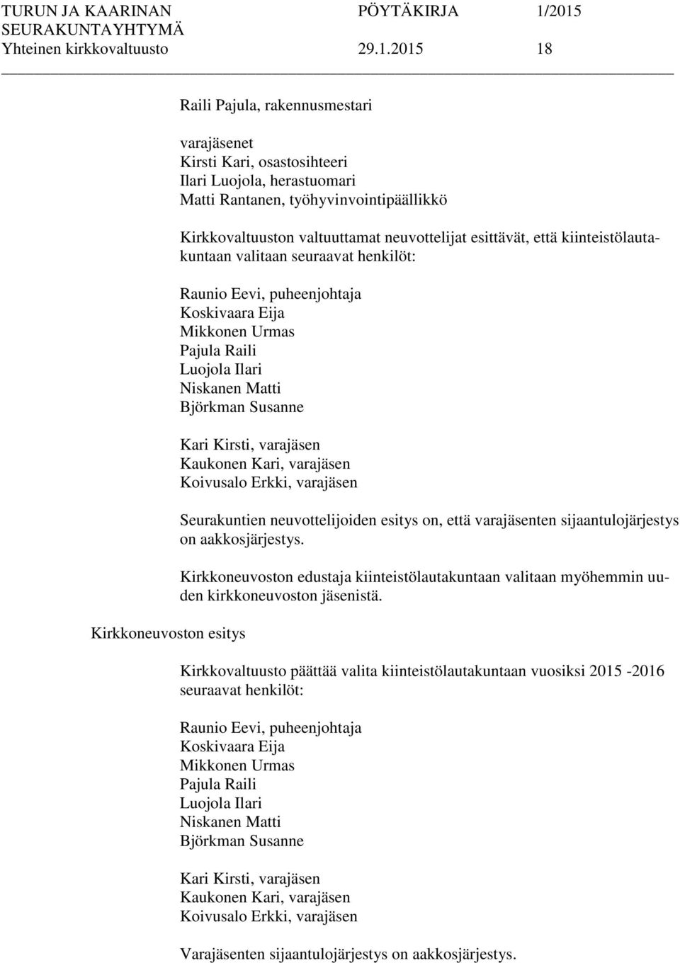 esittävät, että kiinteistölautakuntaan valitaan seuraavat henkilöt: Raunio Eevi, puheenjohtaja Koskivaara Eija Mikkonen Urmas Pajula Raili Luojola Ilari Niskanen Matti Björkman Susanne Kari Kirsti,