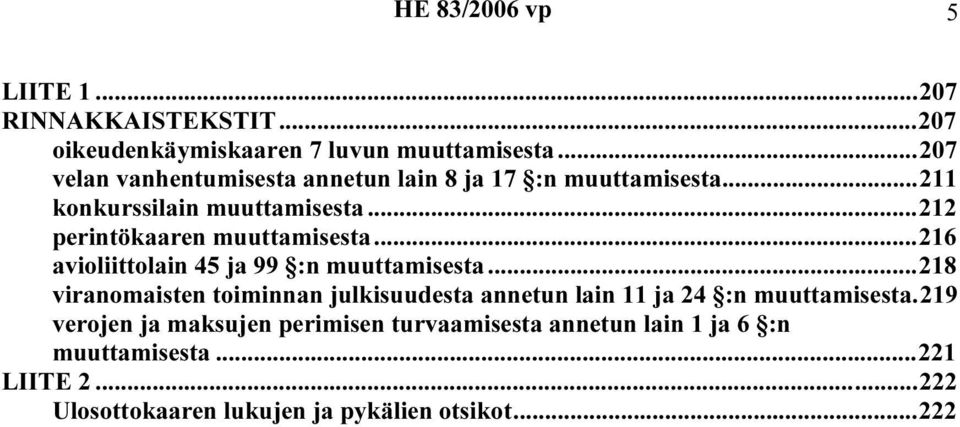 ..212 perintökaaren muuttamisesta...216 avioliittolain 45 ja 99 :n muuttamisesta.