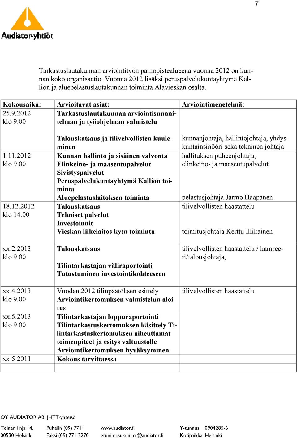 2012 Tarkastuslautakunnan arviointisuunnitelman ja työohjelman valmistelu 1.11.2012 18.12.2012 klo 14.00.2.2013.4.2013.5.