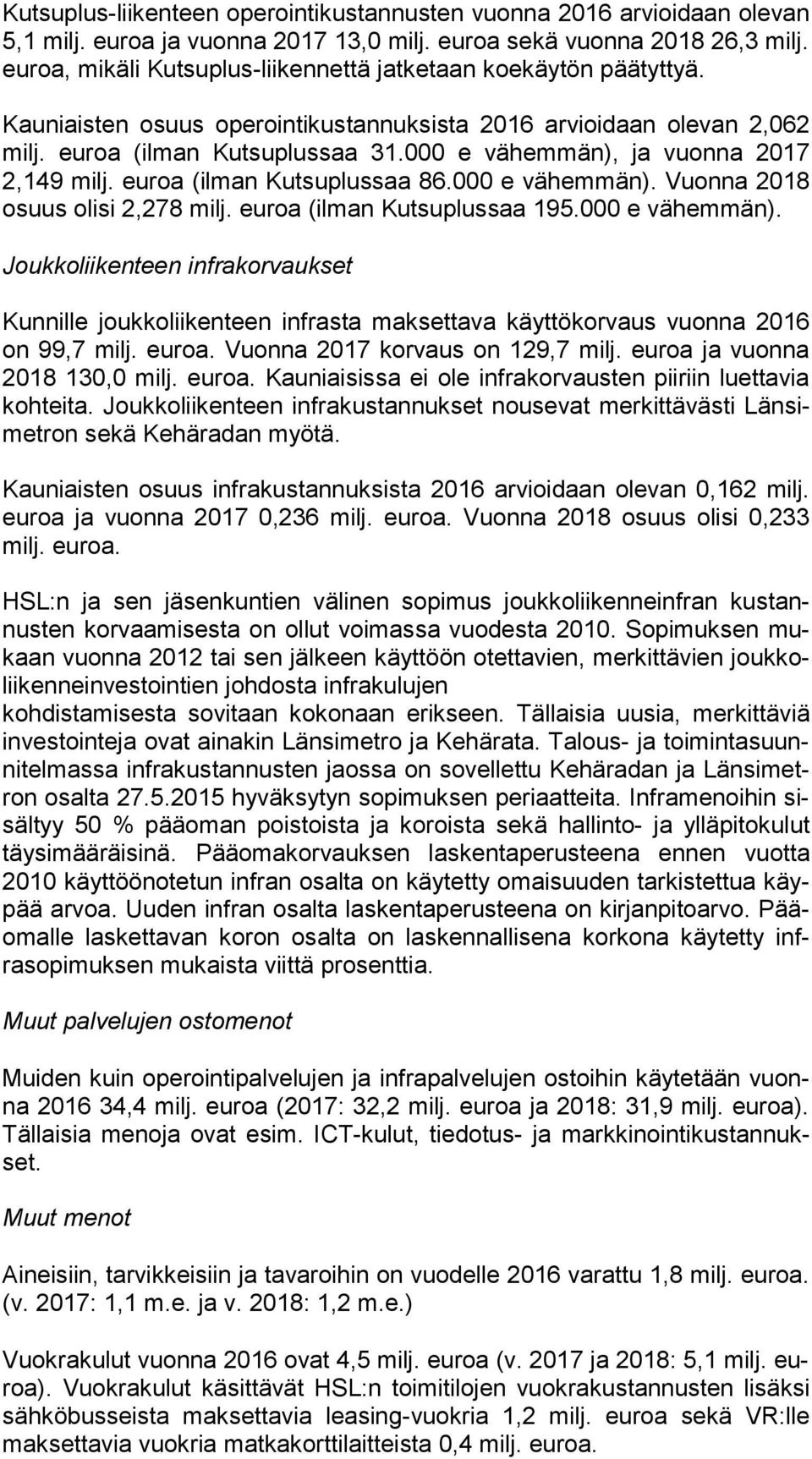 000 e vähemmän), ja vuonna 2017 2,149 milj. euroa (ilman Kutsuplussaa 86.000 e vä hem män). Vuonna 2018 osuus olisi 2,278 milj. euroa (ilman Kutsuplussaa 195.000 e vähemmän). Joukkoliikenteen infrakorvaukset Kunnille joukkoliikenteen infrasta maksettava käyttökorvaus vuonna 2016 on 99,7 milj.