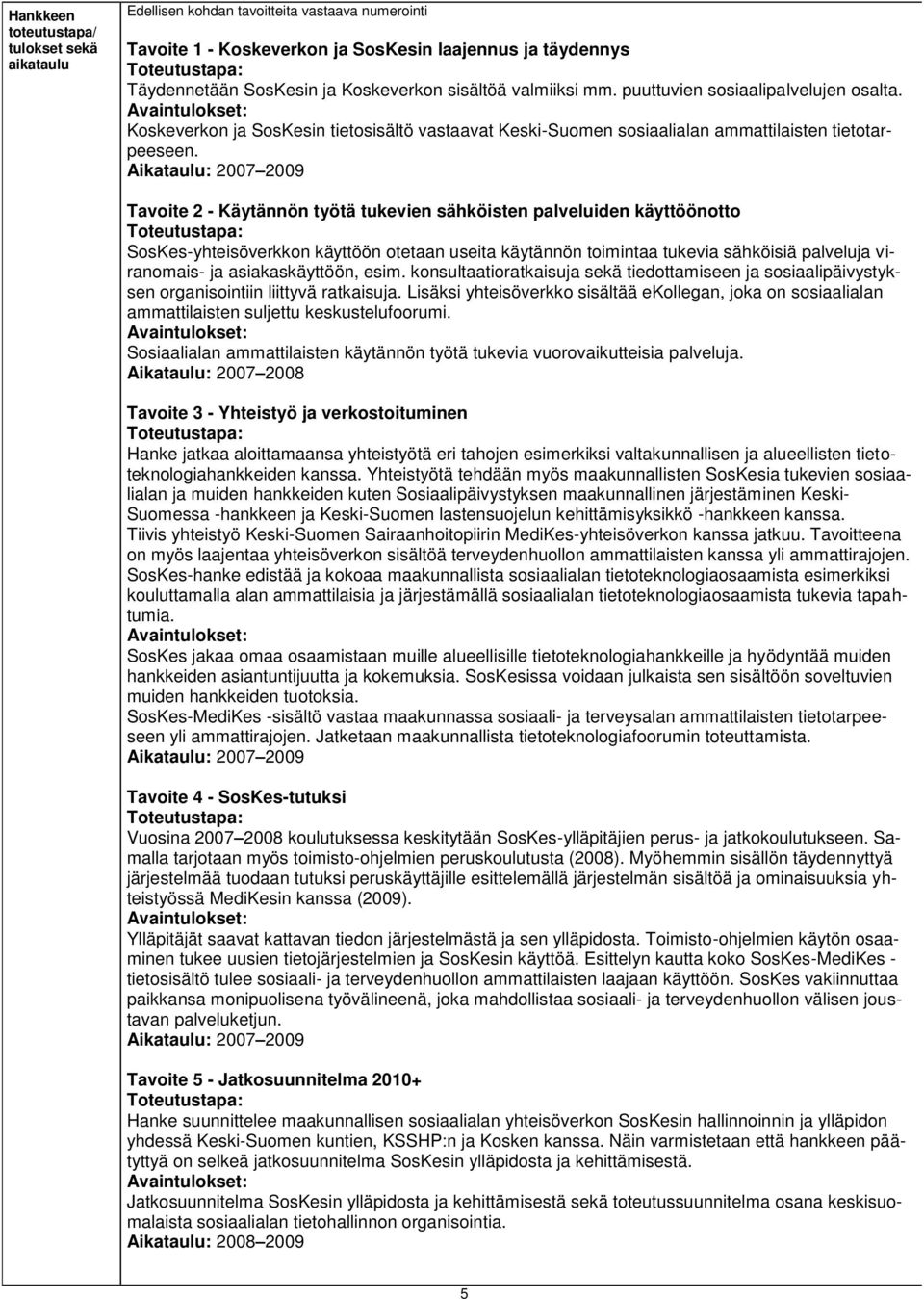 Aikataulu: 2007 2009 Tavoite 2 - Käytännön työtä tukevien sähköisten palveluiden käyttöönotto Toteutustapa: SosKes-yhteisöverkkon käyttöön otetaan useita käytännön toimintaa tukevia sähköisiä