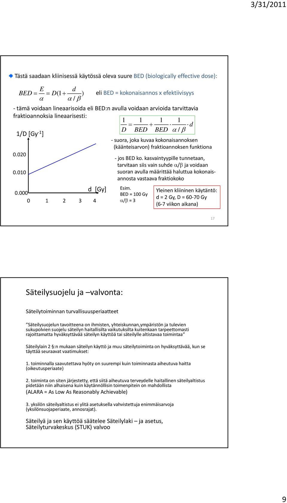 kasvaintyypille tunnetaan, tarvitaan siis vain suhde / ja voidaan 0.010 suoran avulla määrittää haluttua kokonaisannosta vastaava fraktiokoko 0.000 d [Gy] 0 1 2 3 4 Esim.