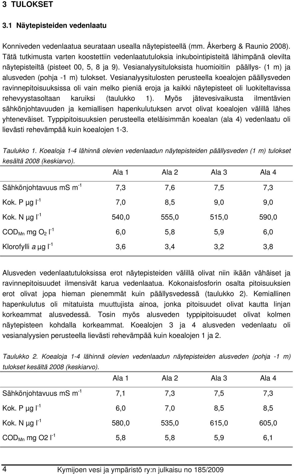 Vesianalyysituloksista huomioitiin päällys- (1 m) ja alusveden (pohja -1 m) tulokset.