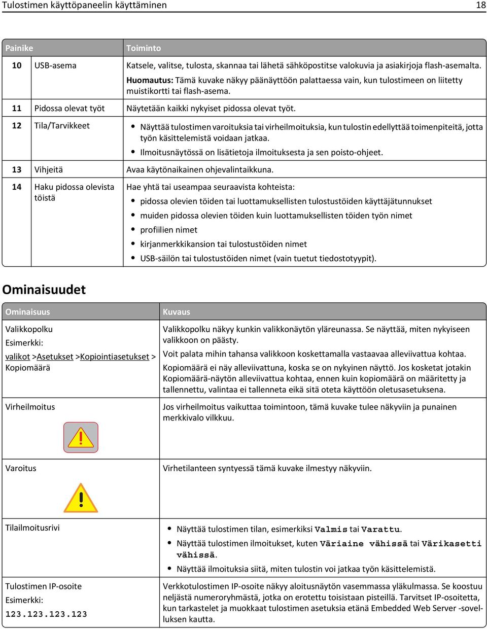 12 Tila/Tarvikkeet Näyttää tulostimen varoituksia tai virheilmoituksia, kun tulostin edellyttää toimenpiteitä, jotta työn käsittelemistä voidaan jatkaa.