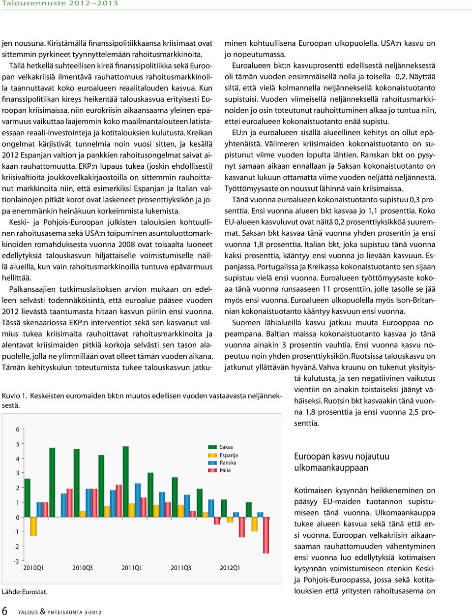 Tällä hetkellä suhteellisen kireä finanssipolitiikka sekä Euroopan velkakriisiä ilmentävä rauhattomuus rahoitusmarkkinoilla taannuttavat koko euroalueen reaalitalouden kasvua.