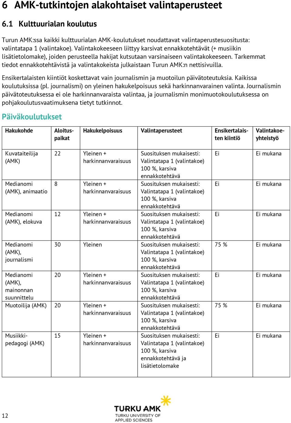 Tarkemmat tiedot ennakkotehtävistä ja valintakokeista julkaistaan Turun AMK:n nettisivuilla. Ensikertalaisten kiintiöt koskettavat vain journalismin ja muotoilun päivätoteutuksia.