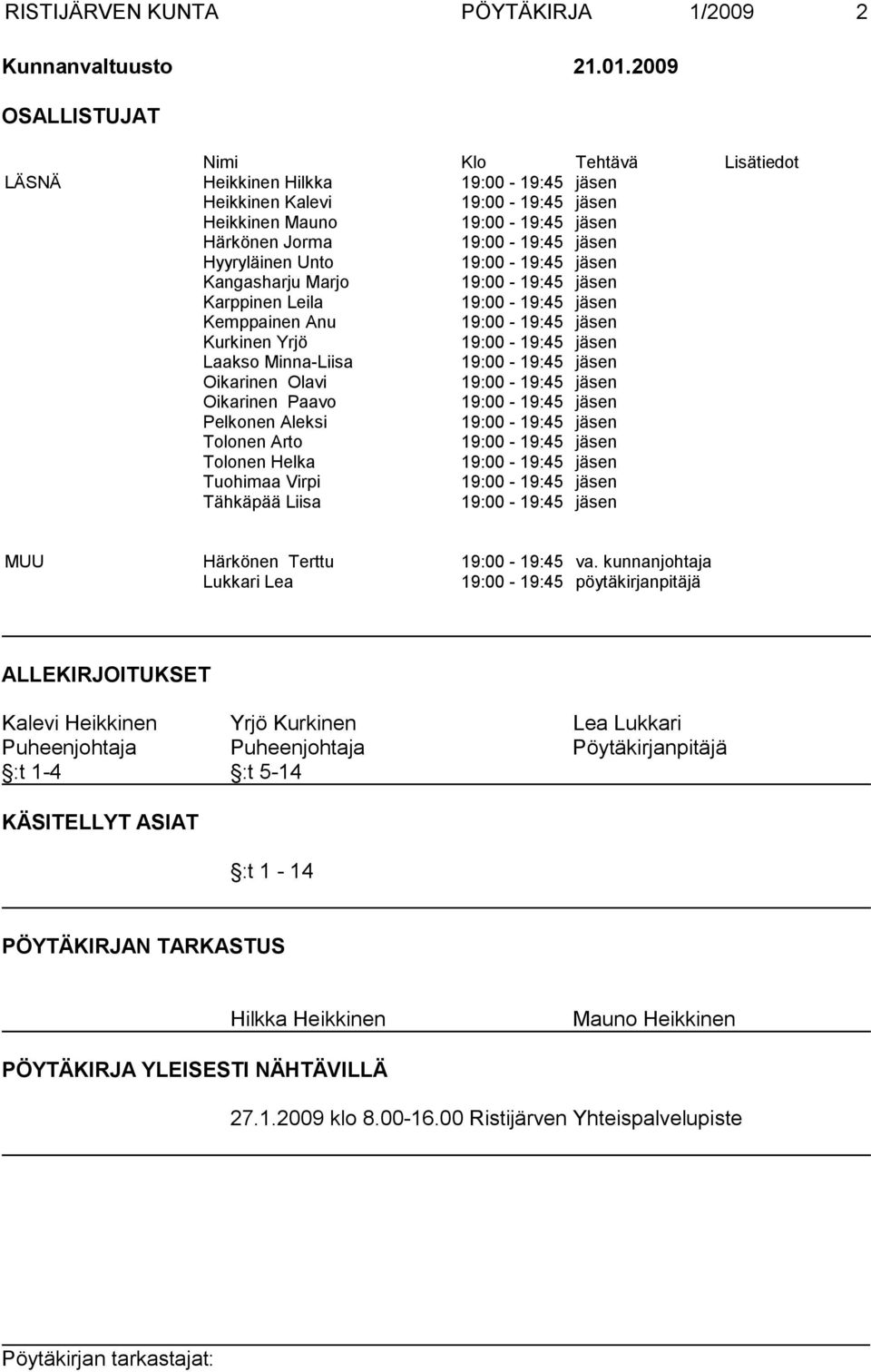 Kurkinen Yrjö Laakso Minna-Liisa Oikarinen Olavi Oikarinen Paavo Pelkonen Aleksi Tolonen Arto Tolonen Helka Tuohimaa Virpi Tähkäpää Liisa MUU Härkönen Terttu 19:00-19:45 va.