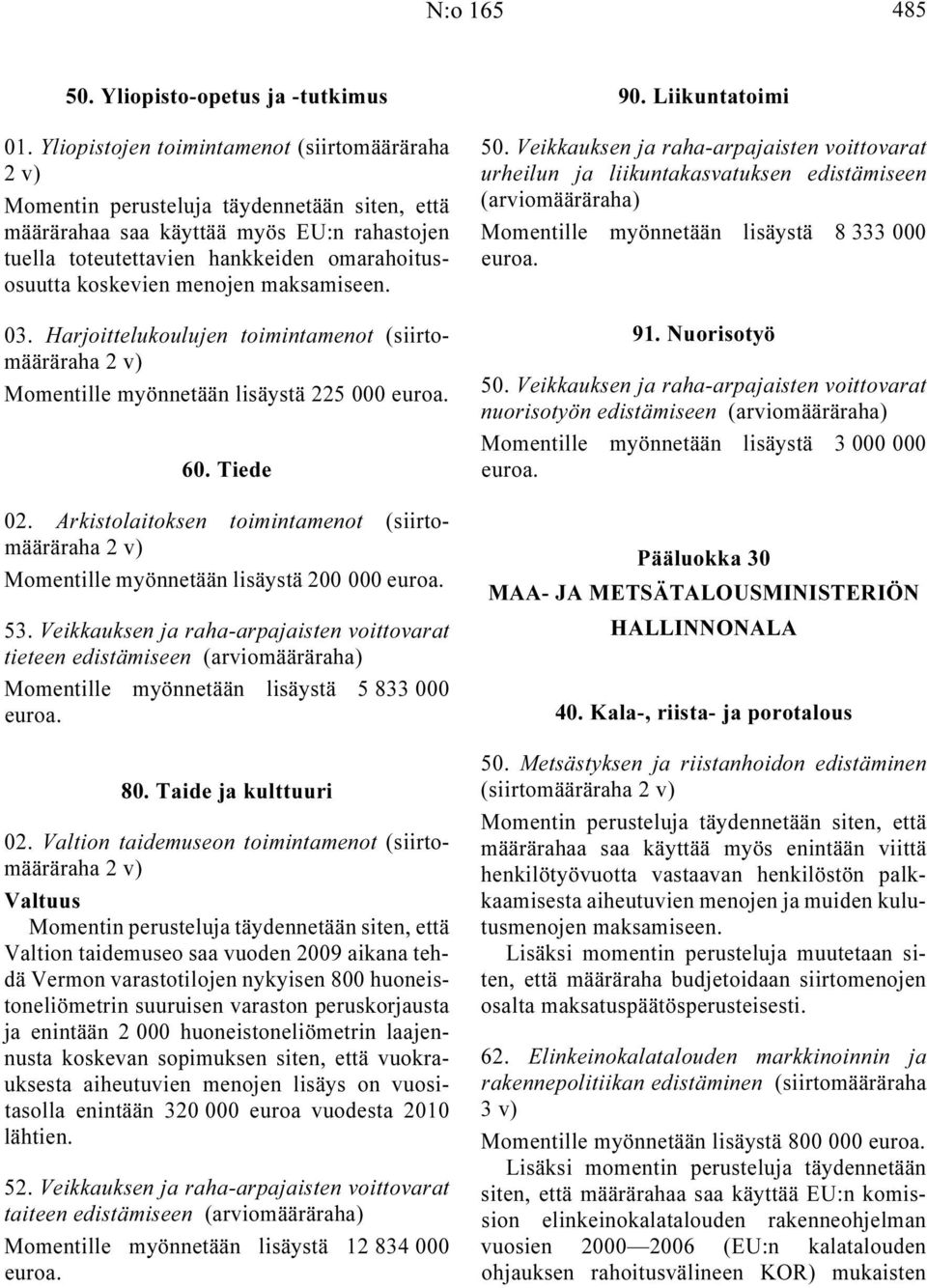 menojen maksamiseen. 03. Harjoittelukoulujen toimintamenot (siirtomääräraha 2 v) Momentille myönnetään lisäystä 225 000 60. Tiede 02.