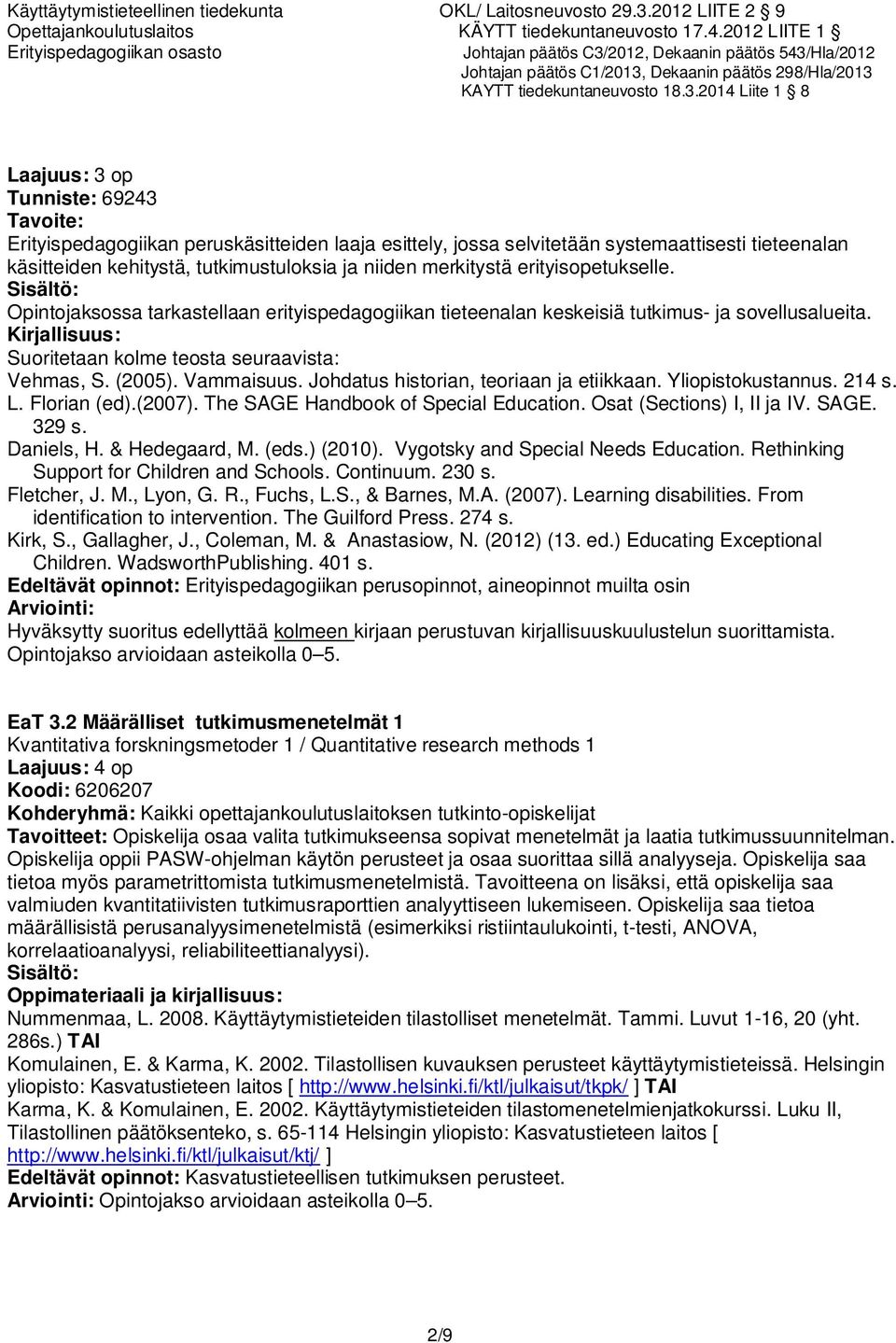 Johdatus historian, teoriaan ja etiikkaan. Yliopistokustannus. 214 s. L. Florian (ed).(2007). The SAGE Handbook of Special Education. Osat (Sections) I, II ja IV. SAGE. 329 s. Daniels, H.