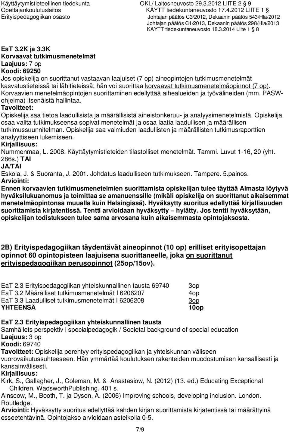 suorittaa korvaavat tutkimusmenetelmäopinnot (7 op). Korvaavien menetelmäopintojen suorittaminen edellyttää aihealueiden ja työvälineiden (mm. PASWohjelma) itsenäistä hallintaa.