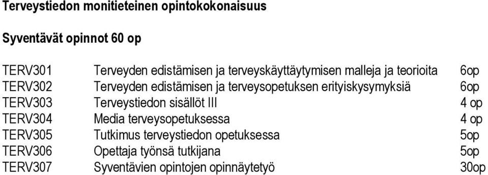 erityiskysymyksiä 6op TERV303 Terveystiedon sisällöt III 4 op TERV304 Media terveysopetuksessa 4 op TERV305