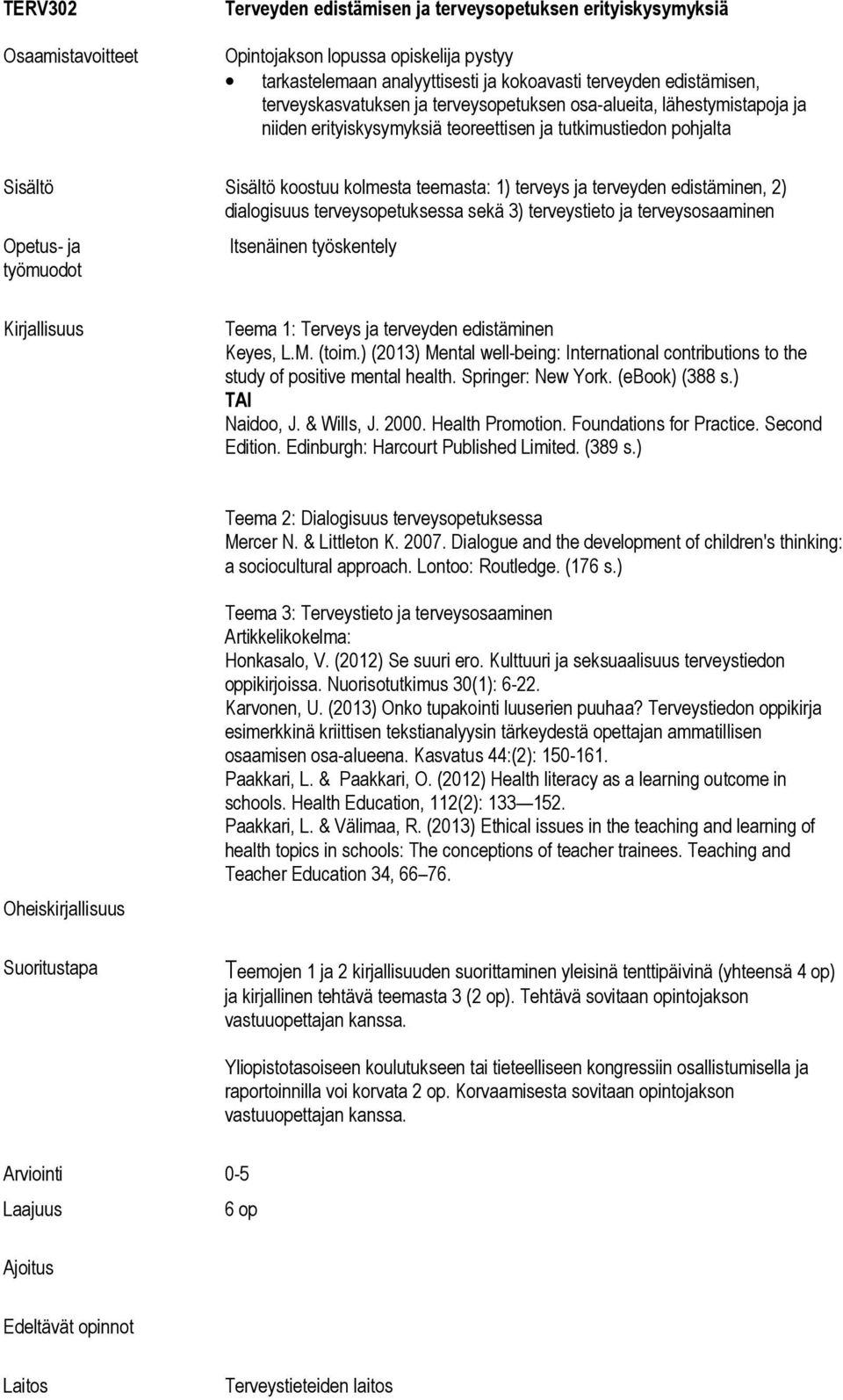 sekä 3) terveystieto ja terveysosaaminen Itsenäinen työskentely Teema 1: Terveys ja terveyden edistäminen Keyes, L.M. (toim.