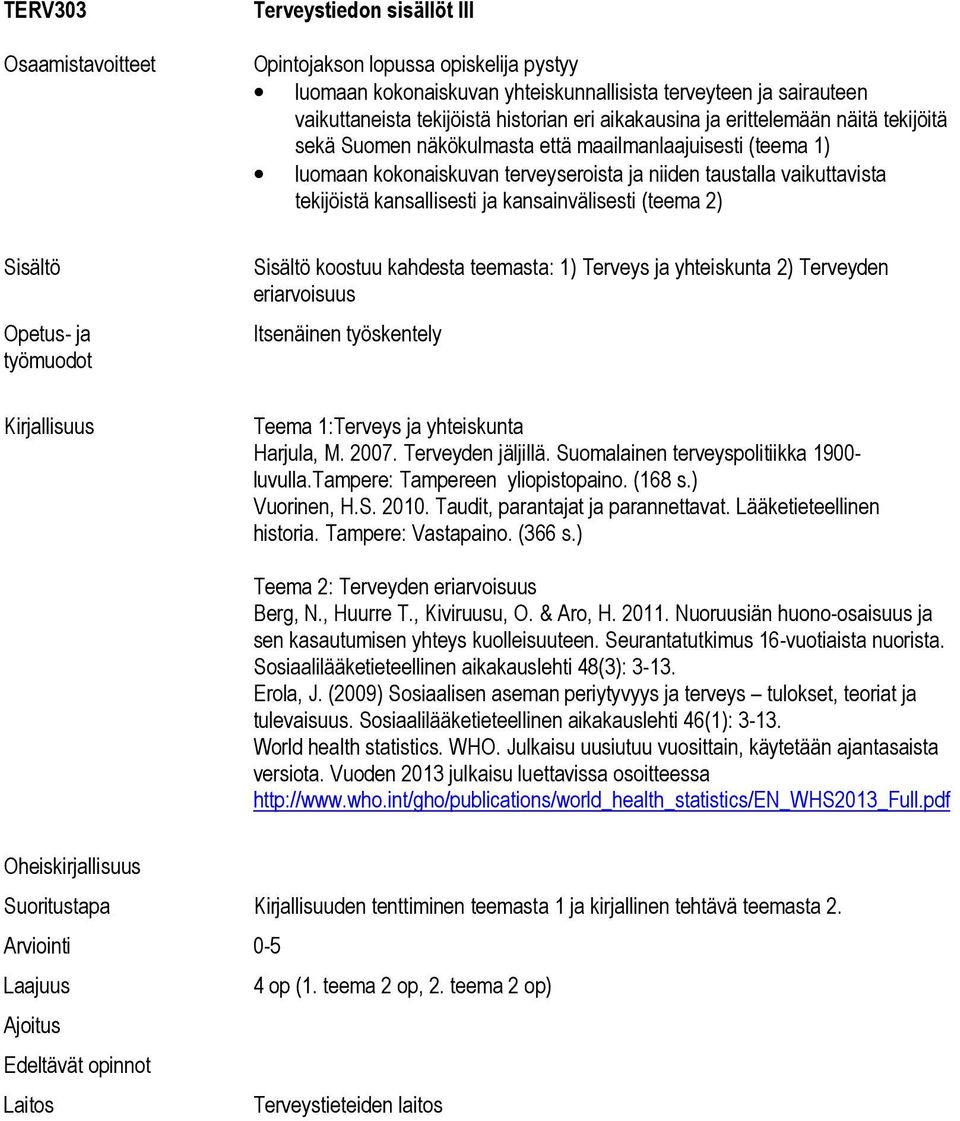 kahdesta teemasta: 1) Terveys ja yhteiskunta 2) Terveyden eriarvoisuus Itsenäinen työskentely Teema 1:Terveys ja yhteiskunta Harjula, M. 2007. Terveyden jäljillä.