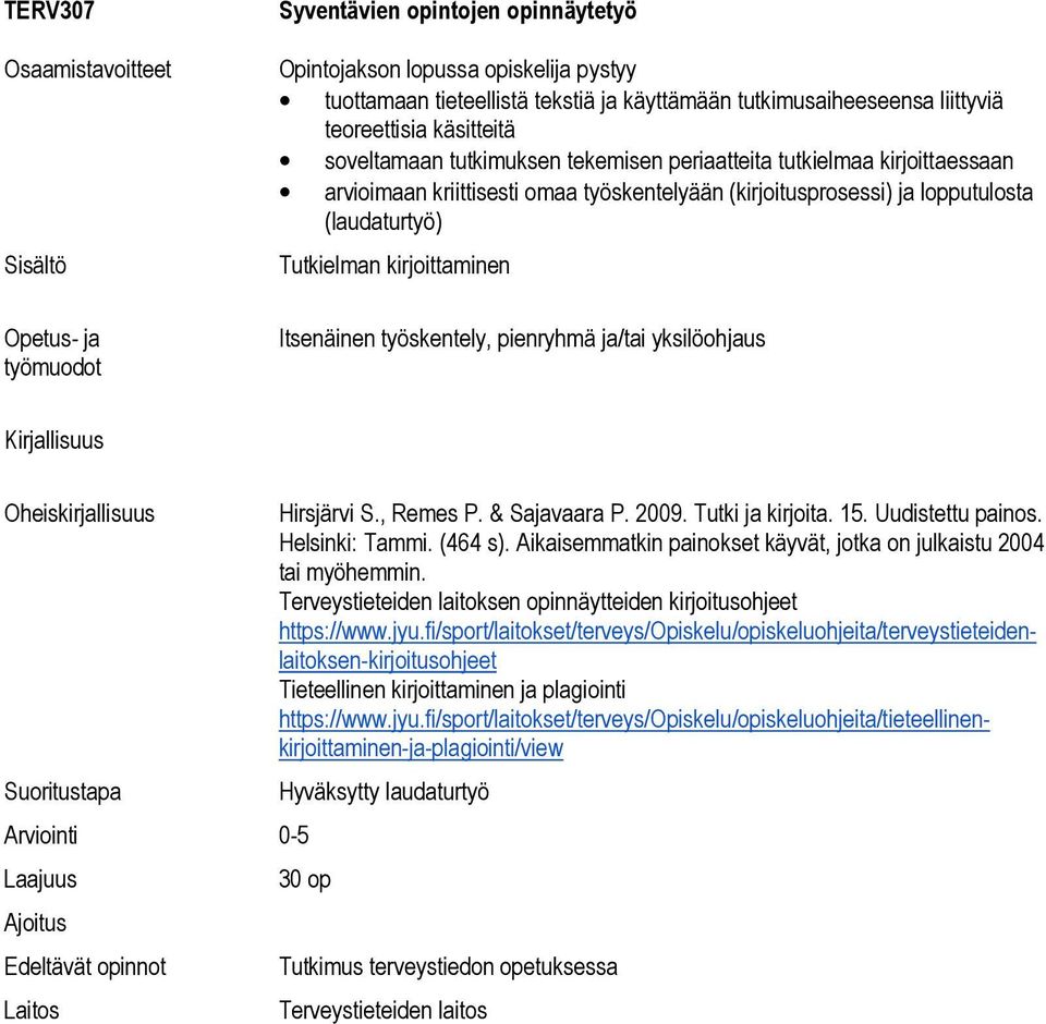 yksilöohjaus Hirsjärvi S., Remes P. & Sajavaara P. 2009. Tutki ja kirjoita. 15. Uudistettu painos. Helsinki: Tammi. (464 s). Aikaisemmatkin painokset käyvät, jotka on julkaistu 2004 tai myöhemmin.