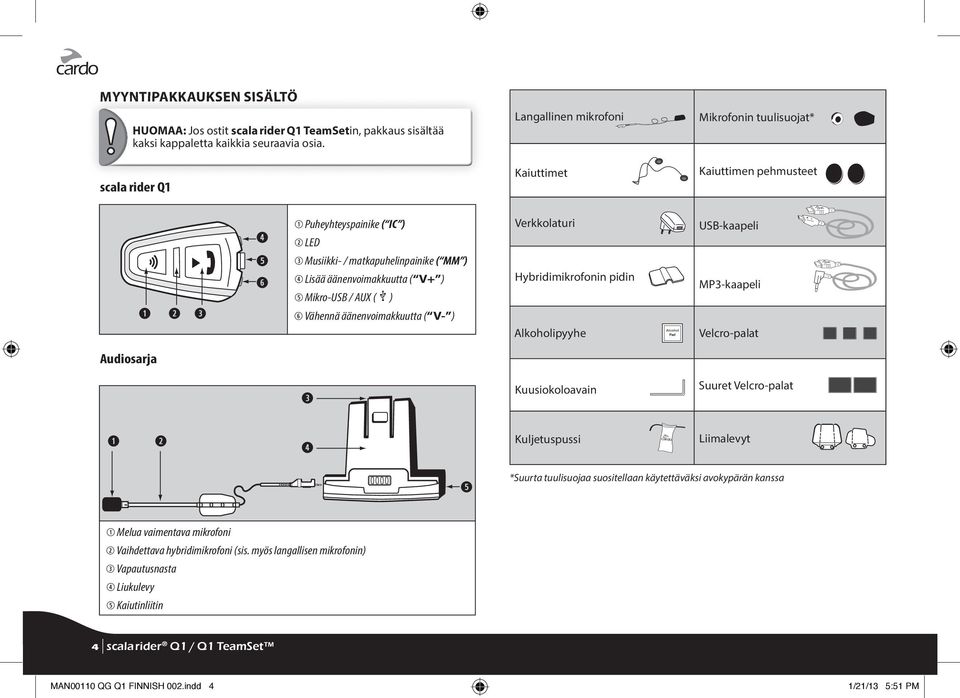 äänenvoimakkuutta ( V+ ) 5 Mikro-USB / AUX ( ) 6 Vähennä äänenvoimakkuutta ( V- ) Verkkolaturi Hybridimikrofonin pidin Alkoholipyyhe Alcohol Pad USB-kaapeli MP3-kaapeli Velcro-palat Audiosarja ➌