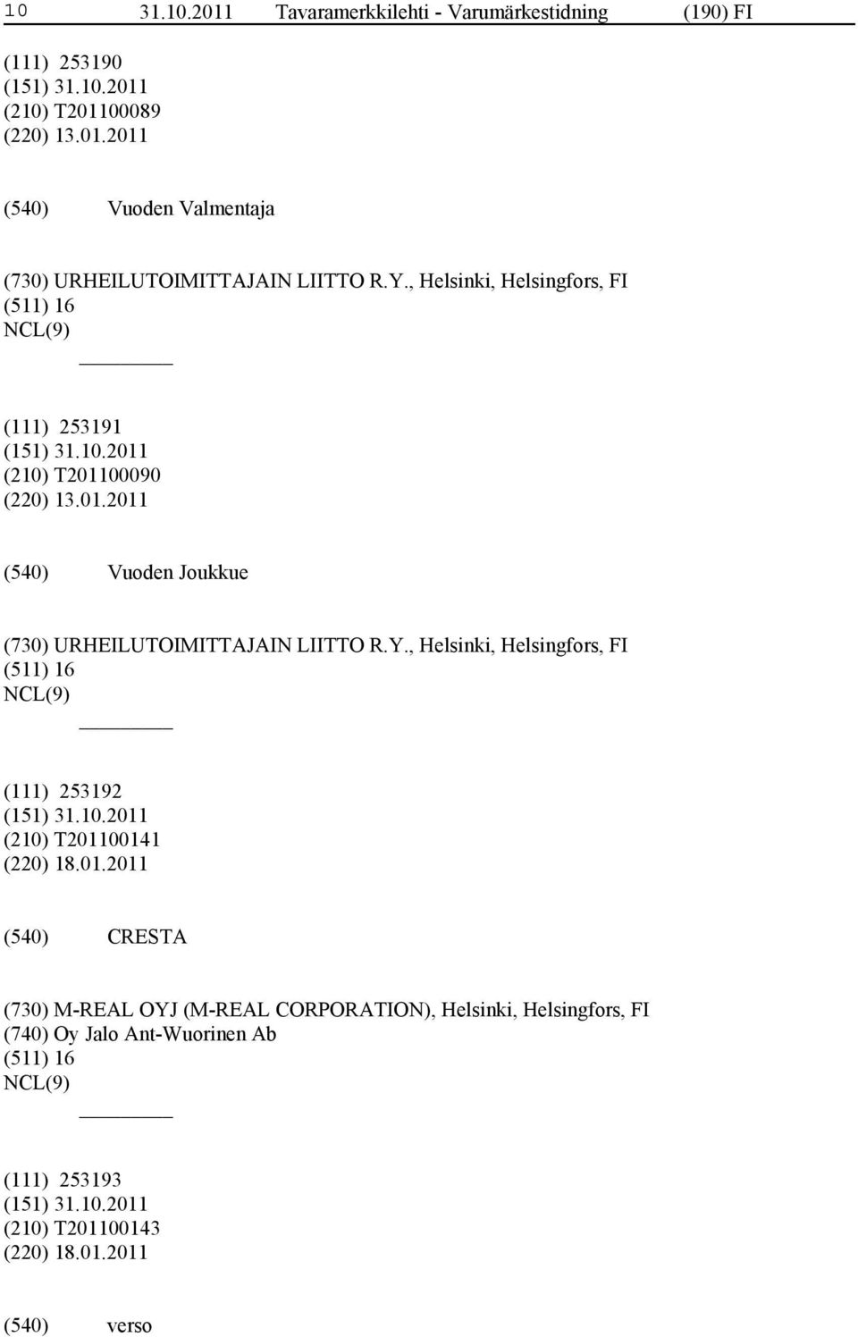 Y., Helsinki, Helsingfors, FI (511) 16 (111) 253192 (210) T2011