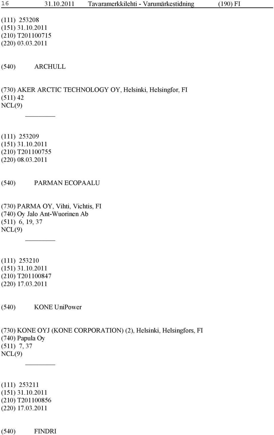 PARMAN ECOPAALU (730) PARMA OY, Vihti, Vichtis, FI (740) Oy Jalo Ant-Wuorinen Ab (511) 6, 19, 37 (111) 253210 (210) T201100847 (220)