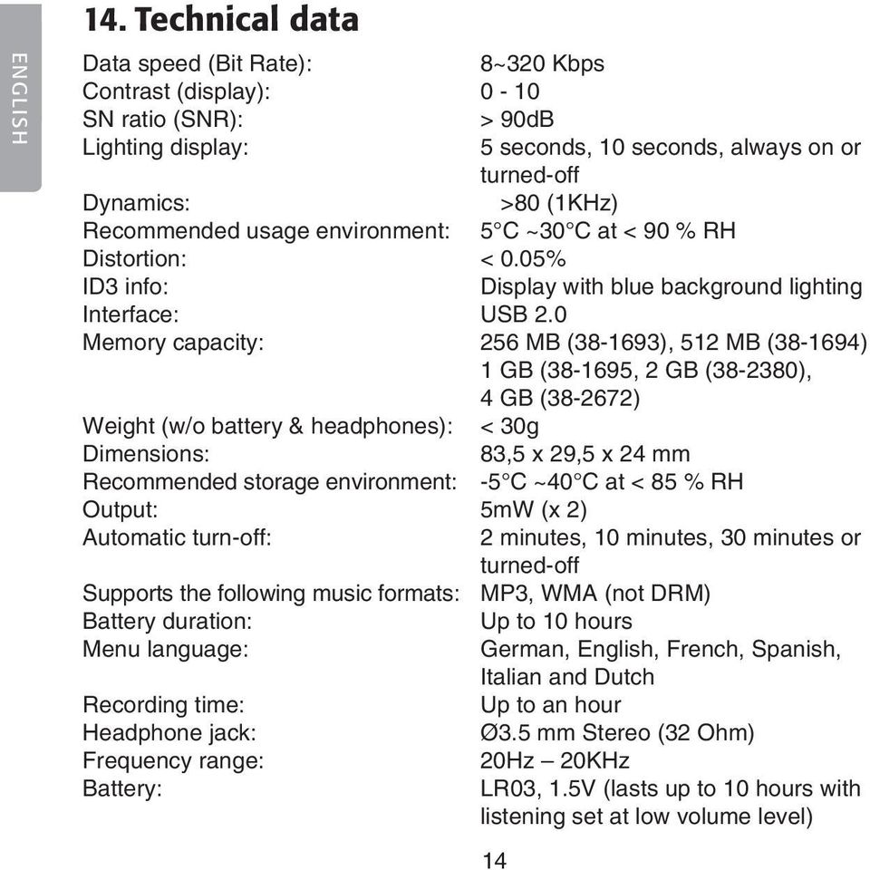 usage environment: 5 C ~30 C at < 90 % RH Distortion: < 0.05% ID3 info: Display with blue background lighting Interface: USB 2.