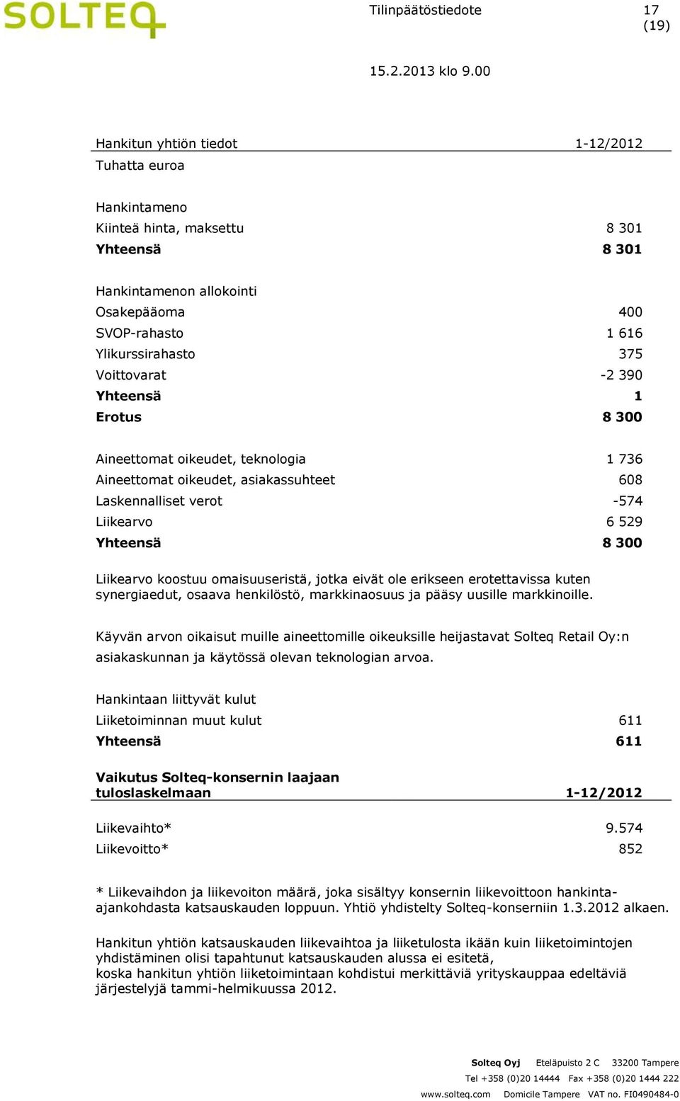 300 Liikearvo koostuu omaisuuseristä, jotka eivät ole erikseen erotettavissa kuten synergiaedut, osaava henkilöstö, markkinaosuus ja pääsy uusille markkinoille.